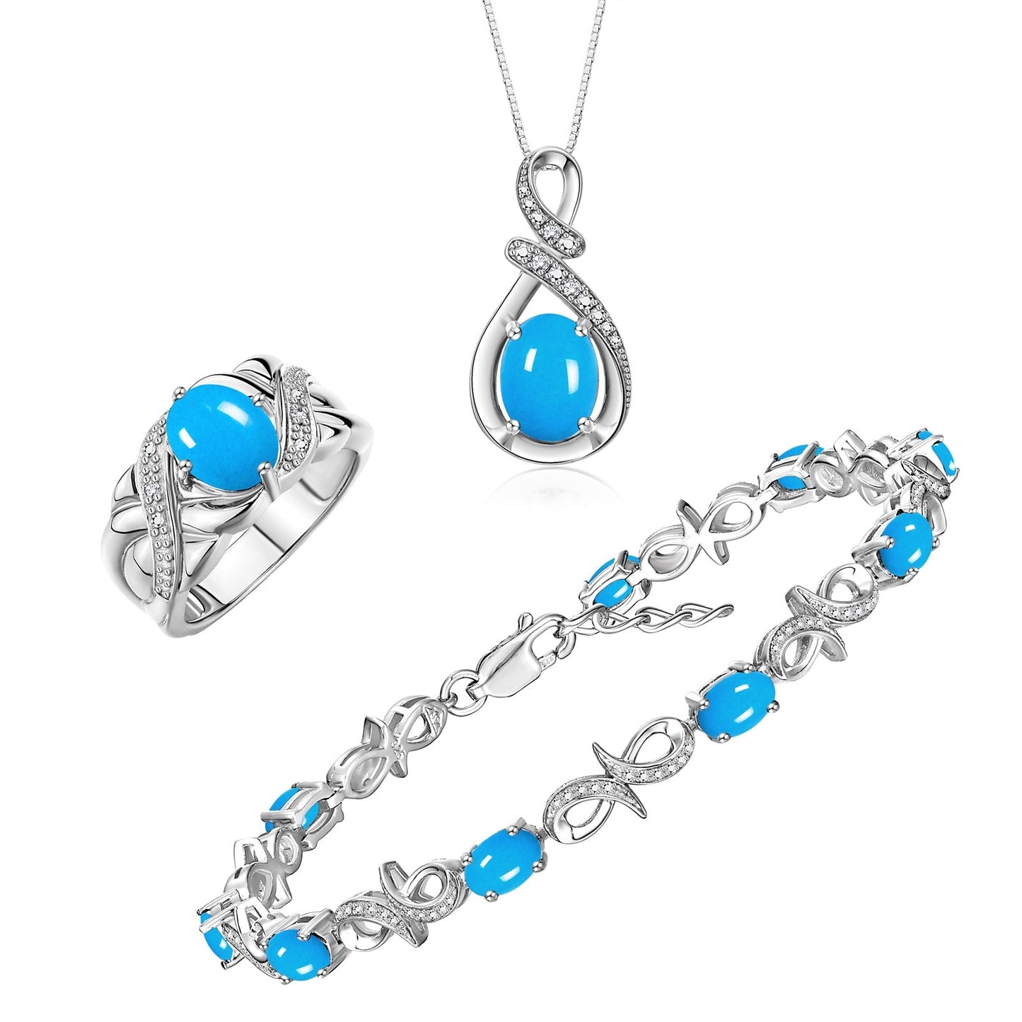 RYLOS Matching Jewelry Sterling Silver Love Knot Set: Tennis Bracelet, Ring & Necklace. Gemstone & Diamonds, 7"-8" Wrist & 18" Chain, 9X7MM & 6X4MM Birthstone; Sizes 5-10