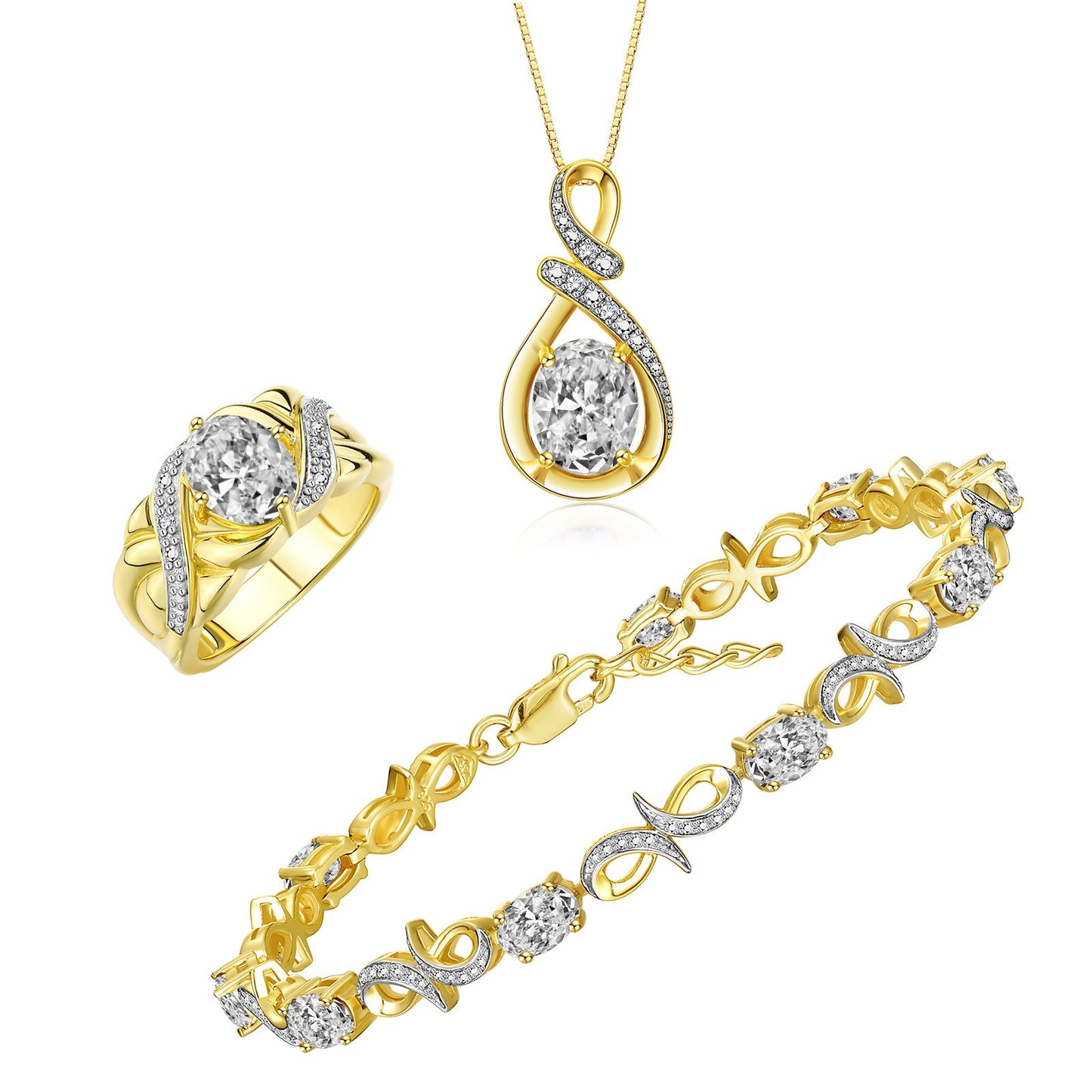 RYLOS Matching Jewelry Yellow Gold Plated Silver Love Knot Set: Tennis Bracelet, Ring & Necklace. Gemstone & Diamonds, 7"-8" Wrist & 18" Chain, 9X7MM & 6X4MM Birthstone; Sizes 5-10
