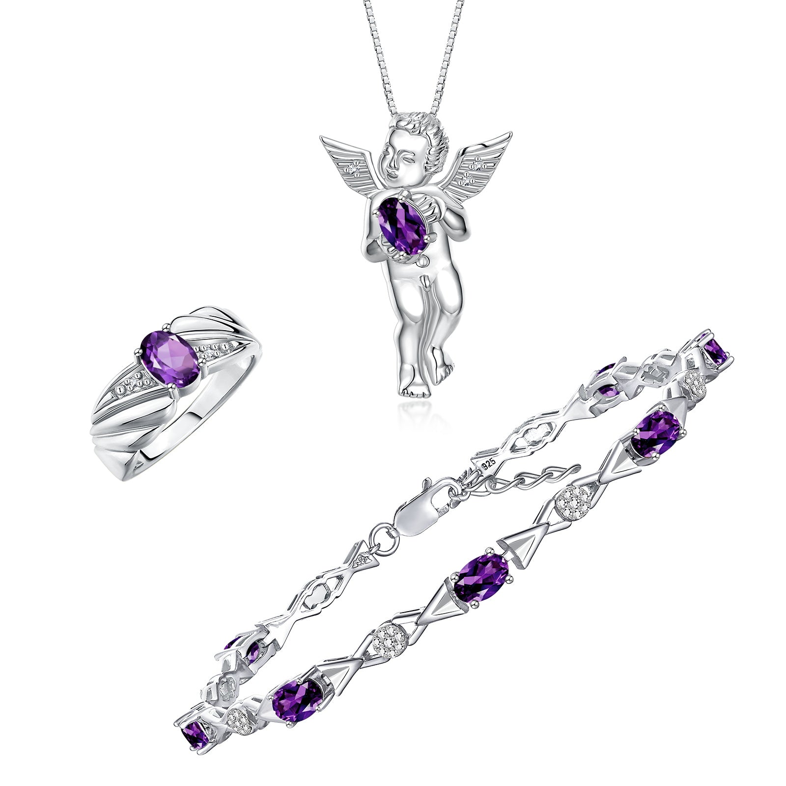 RYLOS Matching Jewelry Sterling Silver Guardian Angel Set: Necklace, Tennis Bracelet, & Ring. Gemstone & Diamonds, 7"-8" Wrist & 18" Chain, 7X5MM & 6X4MM Birthstone