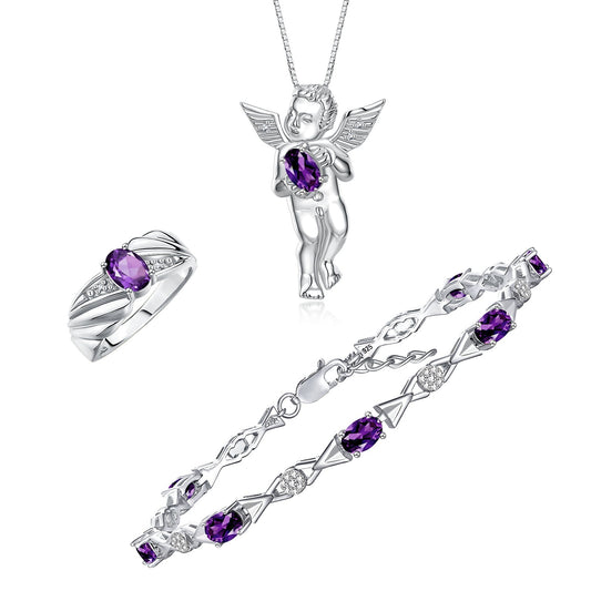 RYLOS Matching Jewelry Sterling Silver Guardian Angel Set: Necklace, Tennis Bracelet, & Ring. Gemstone & Diamonds, 7"-8" Wrist & 18" Chain, 7X5MM & 6X4MM Birthstone