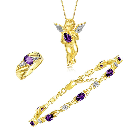 RYLOS Matching Jewelry Yellow Gold Plated Silver Guardian Angel Set: Necklace, Tennis Bracelet, & Ring. Gemstone & Diamonds, 7"-8" Wrist & 18" Chain, 7X5MM & 6X4MM Birthstone
