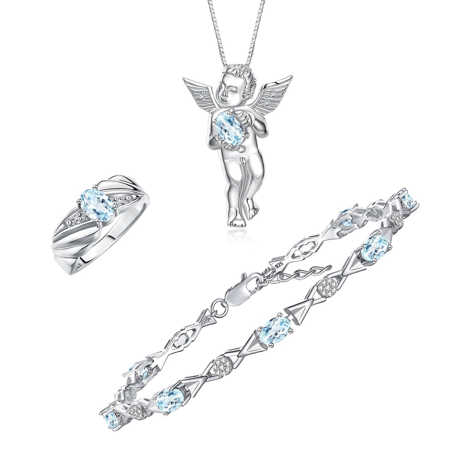 RYLOS Matching Jewelry Sterling Silver Guardian Angel Set: Necklace, Tennis Bracelet, & Ring. Gemstone & Diamonds, 7"-8" Wrist & 18" Chain, 7X5MM & 6X4MM Birthstone