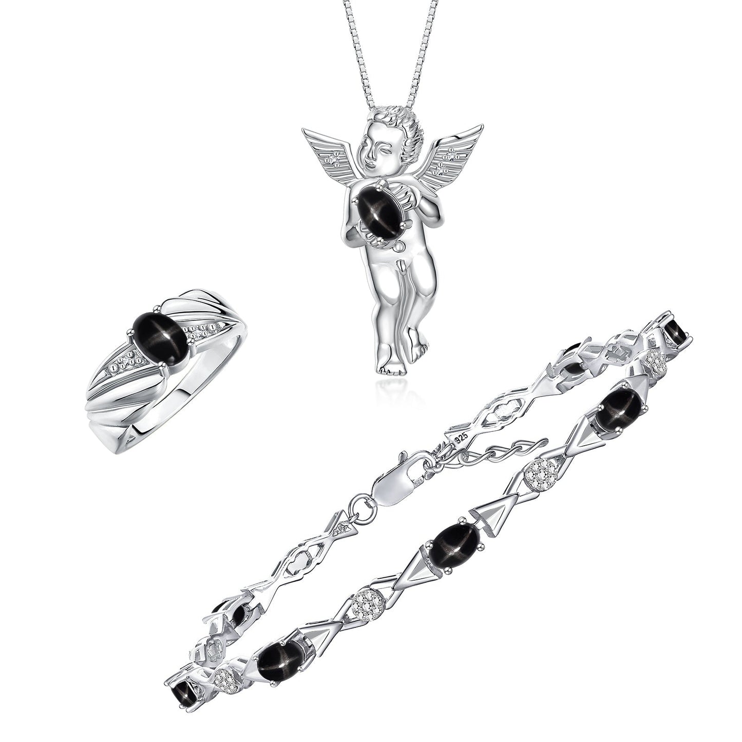 RYLOS Matching Jewelry Sterling Silver Guardian Angel Set: Necklace, Tennis Bracelet, & Ring. Gemstone & Diamonds, 7"-8" Wrist & 18" Chain, 7X5MM & 6X4MM Birthstone
