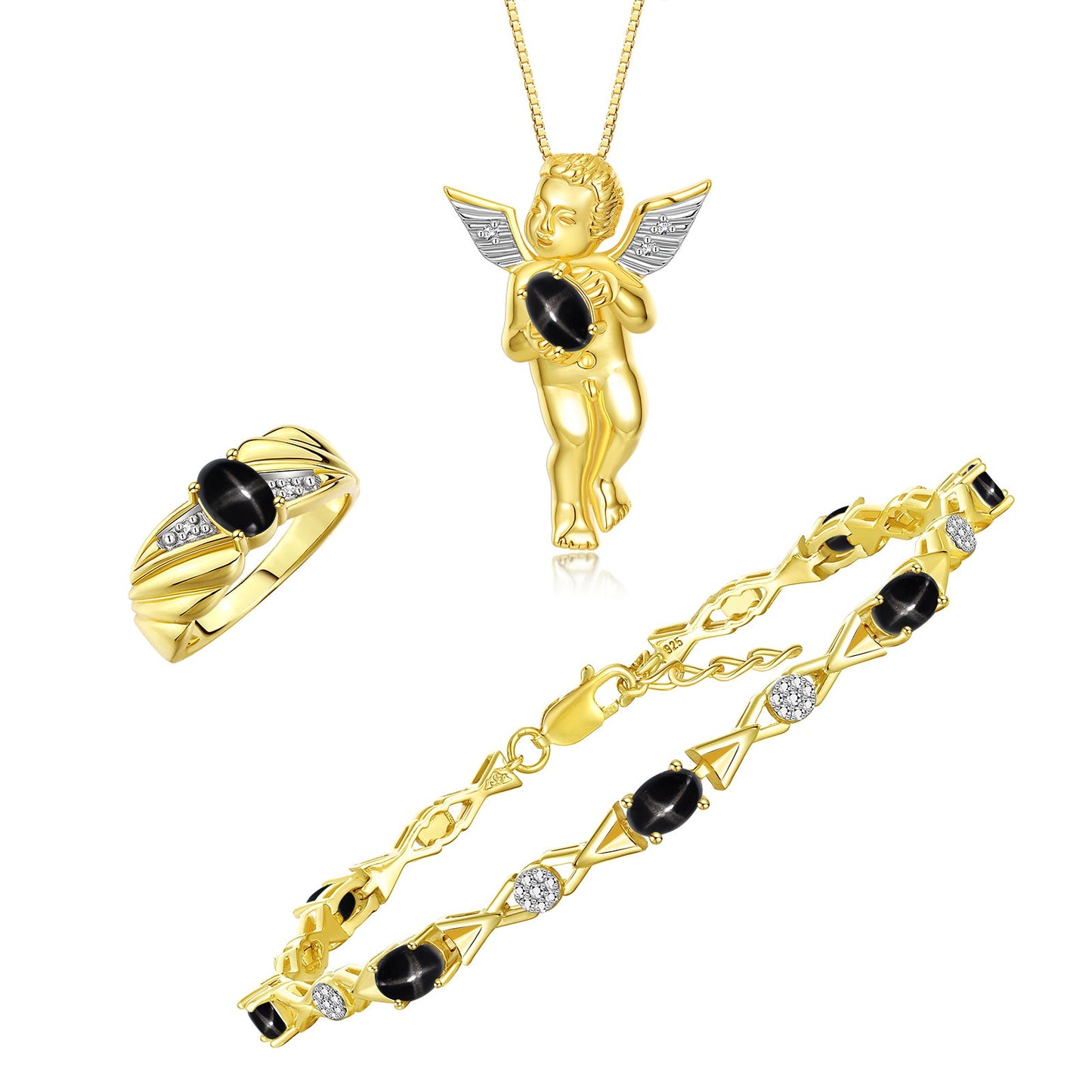 RYLOS Matching Jewelry Yellow Gold Plated Silver Guardian Angel Set: Necklace, Tennis Bracelet, & Ring. Gemstone & Diamonds, 7"-8" Wrist & 18" Chain, 7X5MM & 6X4MM Birthstone