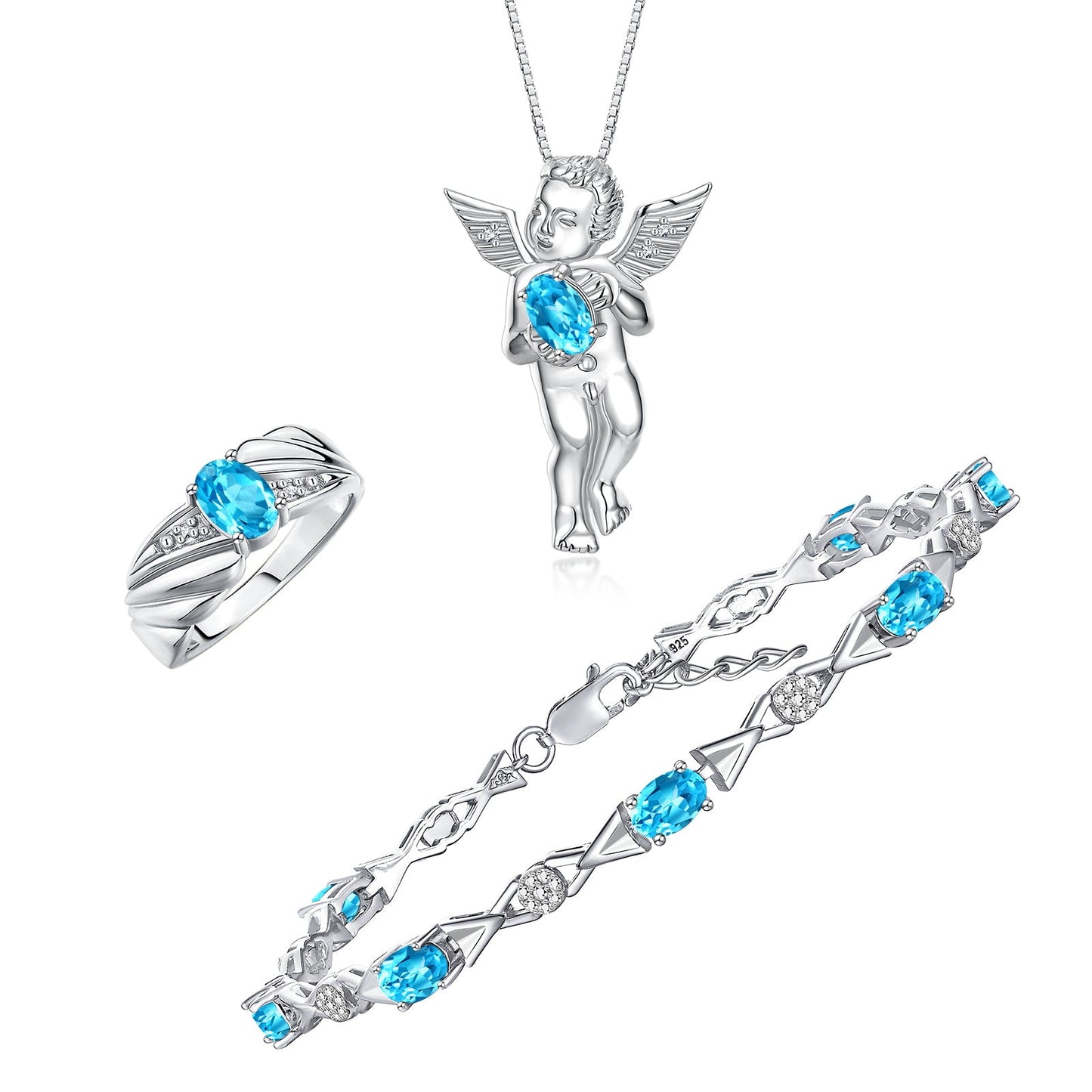 RYLOS Matching Jewelry Sterling Silver Guardian Angel Set: Necklace, Tennis Bracelet, & Ring. Gemstone & Diamonds, 7"-8" Wrist & 18" Chain, 7X5MM & 6X4MM Birthstone