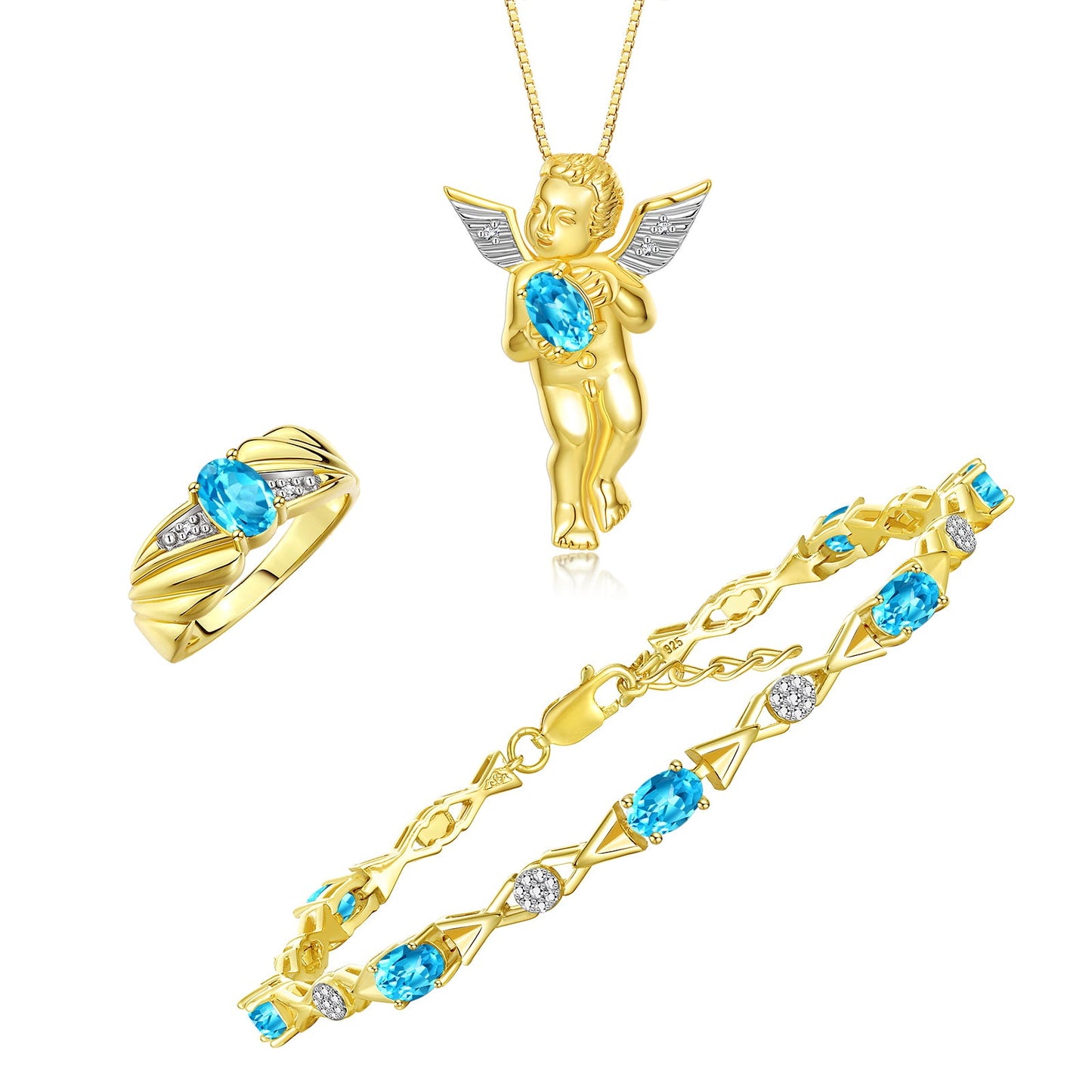 RYLOS Matching Jewelry Yellow Gold Plated Silver Guardian Angel Set: Necklace, Tennis Bracelet, & Ring. Gemstone & Diamonds, 7"-8" Wrist & 18" Chain, 7X5MM & 6X4MM Birthstone