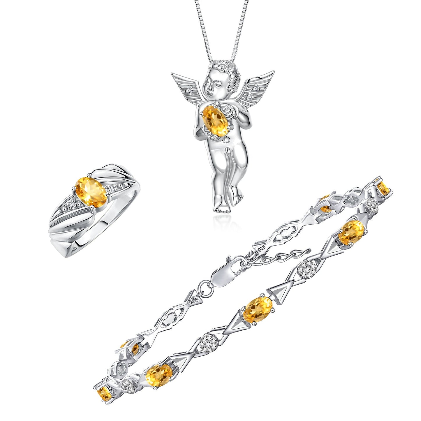 RYLOS Matching Jewelry Sterling Silver Guardian Angel Set: Necklace, Tennis Bracelet, & Ring. Gemstone & Diamonds, 7"-8" Wrist & 18" Chain, 7X5MM & 6X4MM Birthstone