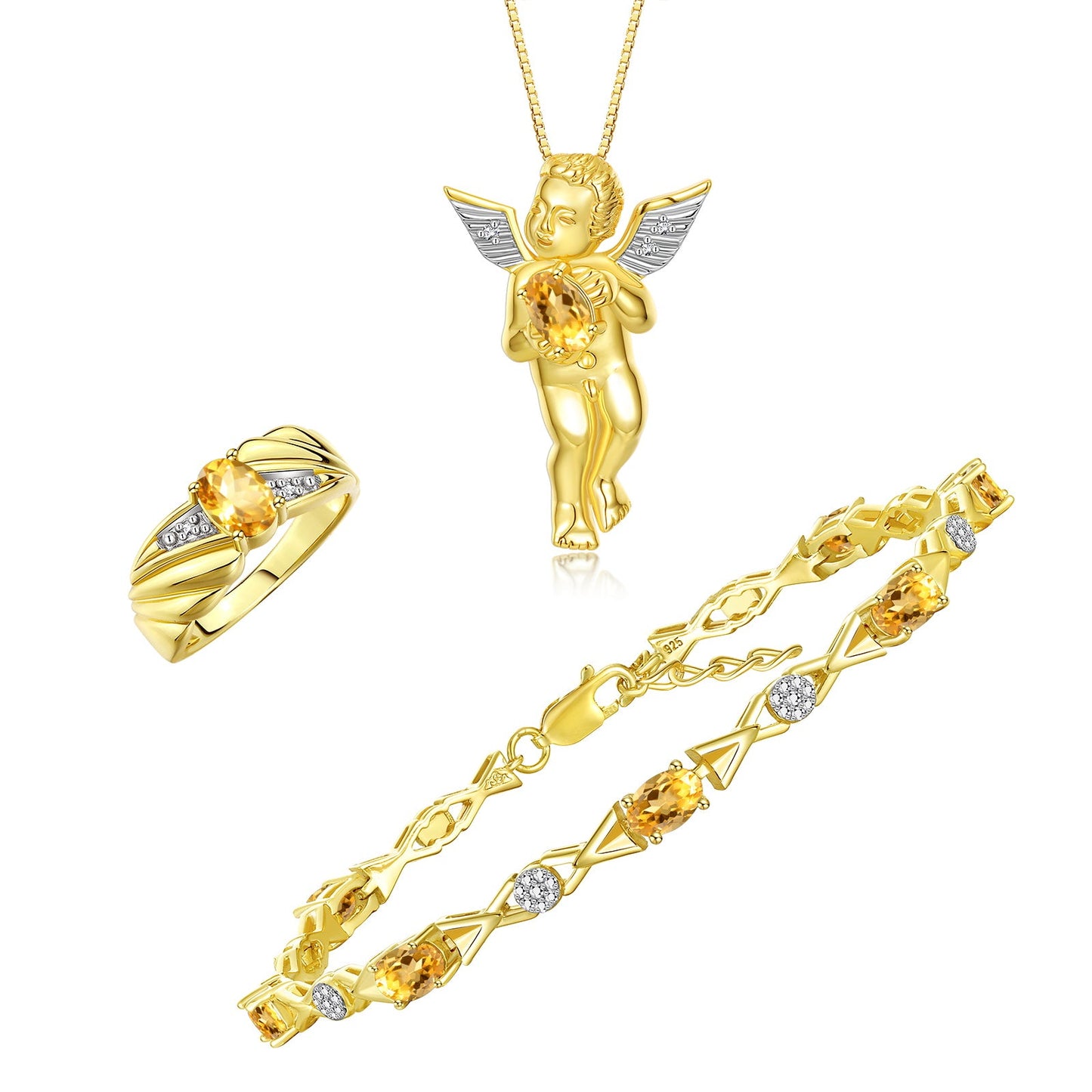 RYLOS Matching Jewelry Yellow Gold Plated Silver Guardian Angel Set: Necklace, Tennis Bracelet, & Ring. Gemstone & Diamonds, 7"-8" Wrist & 18" Chain, 7X5MM & 6X4MM Birthstone