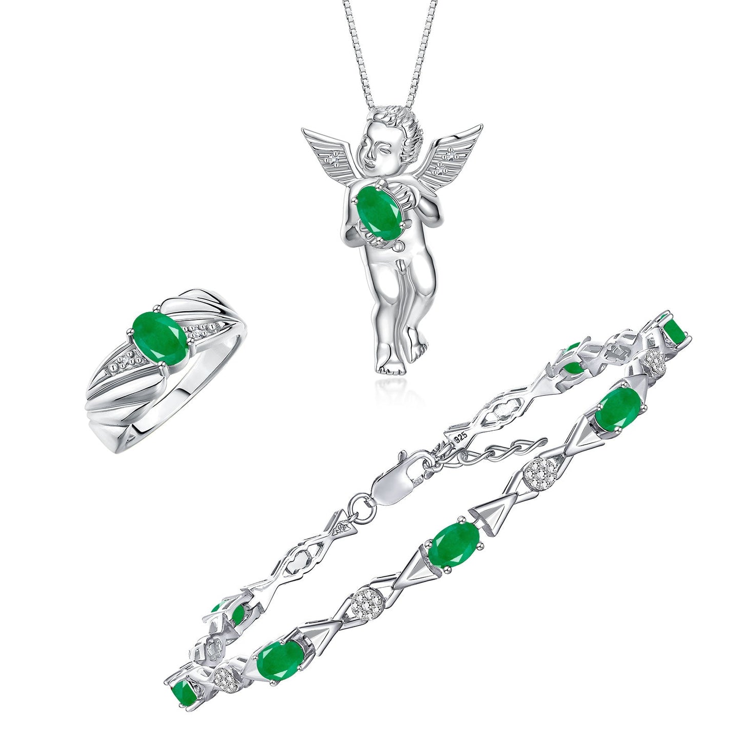 RYLOS Matching Jewelry Sterling Silver Guardian Angel Set: Necklace, Tennis Bracelet, & Ring. Gemstone & Diamonds, 7"-8" Wrist & 18" Chain, 7X5MM & 6X4MM Birthstone