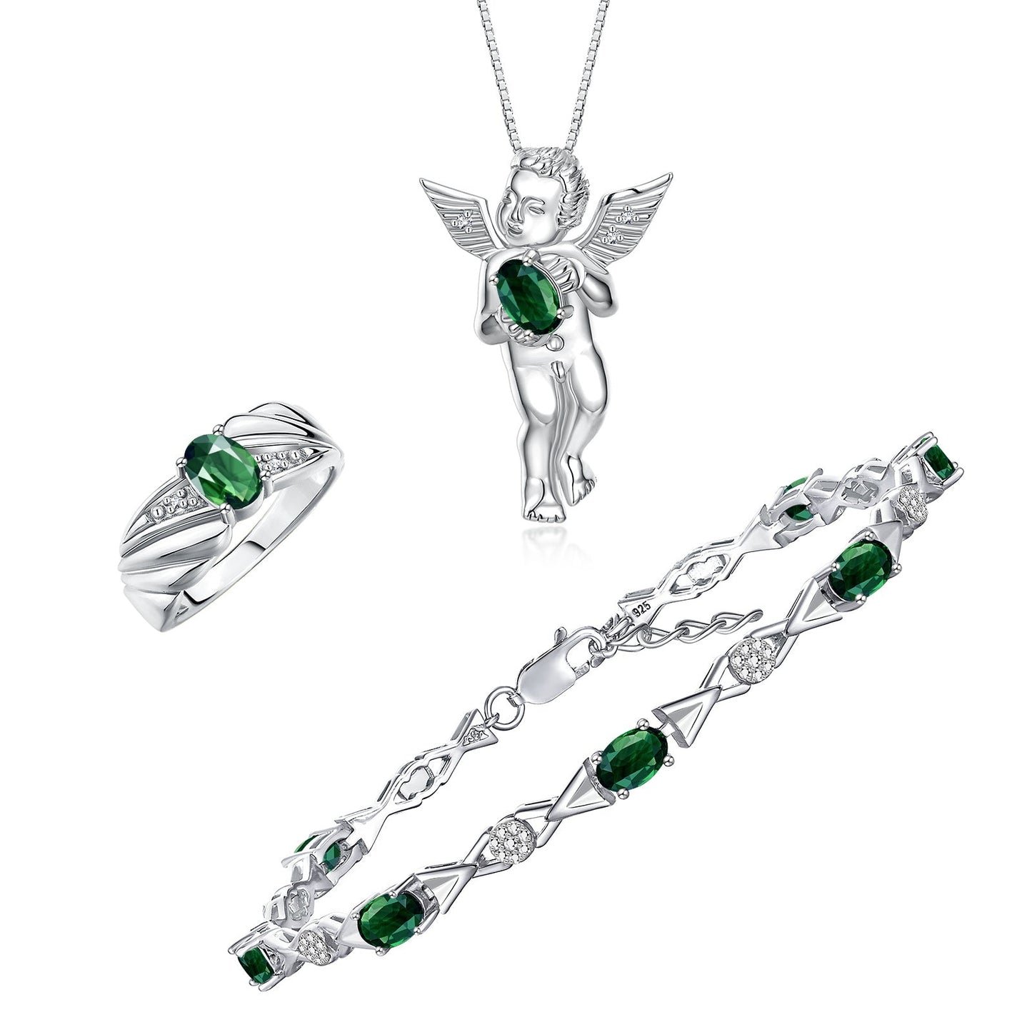 RYLOS Matching Jewelry Sterling Silver Guardian Angel Set: Necklace, Tennis Bracelet, & Ring. Gemstone & Diamonds, 7"-8" Wrist & 18" Chain, 7X5MM & 6X4MM Birthstone