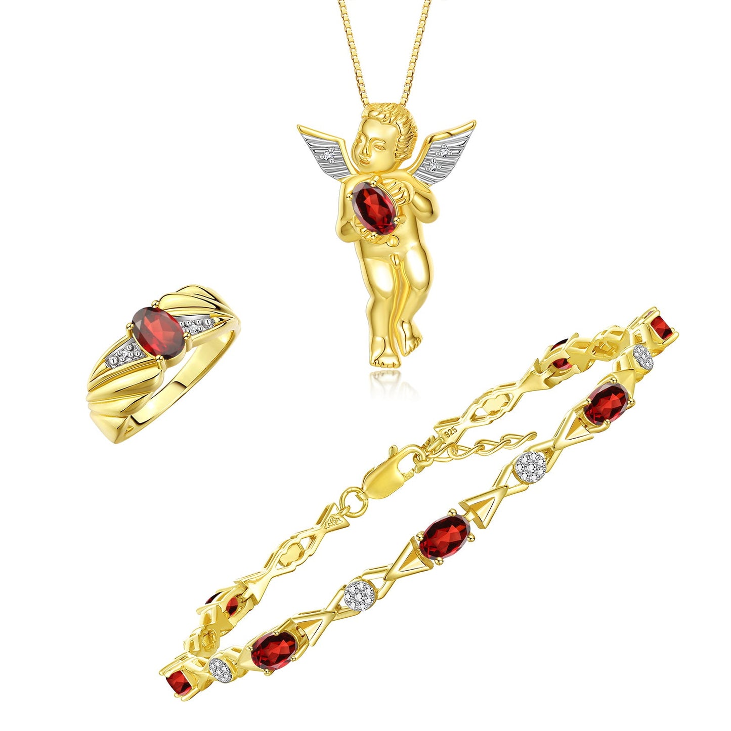 RYLOS Matching Jewelry Yellow Gold Plated Silver Guardian Angel Set: Necklace, Tennis Bracelet, & Ring. Gemstone & Diamonds, 7"-8" Wrist & 18" Chain, 7X5MM & 6X4MM Birthstone