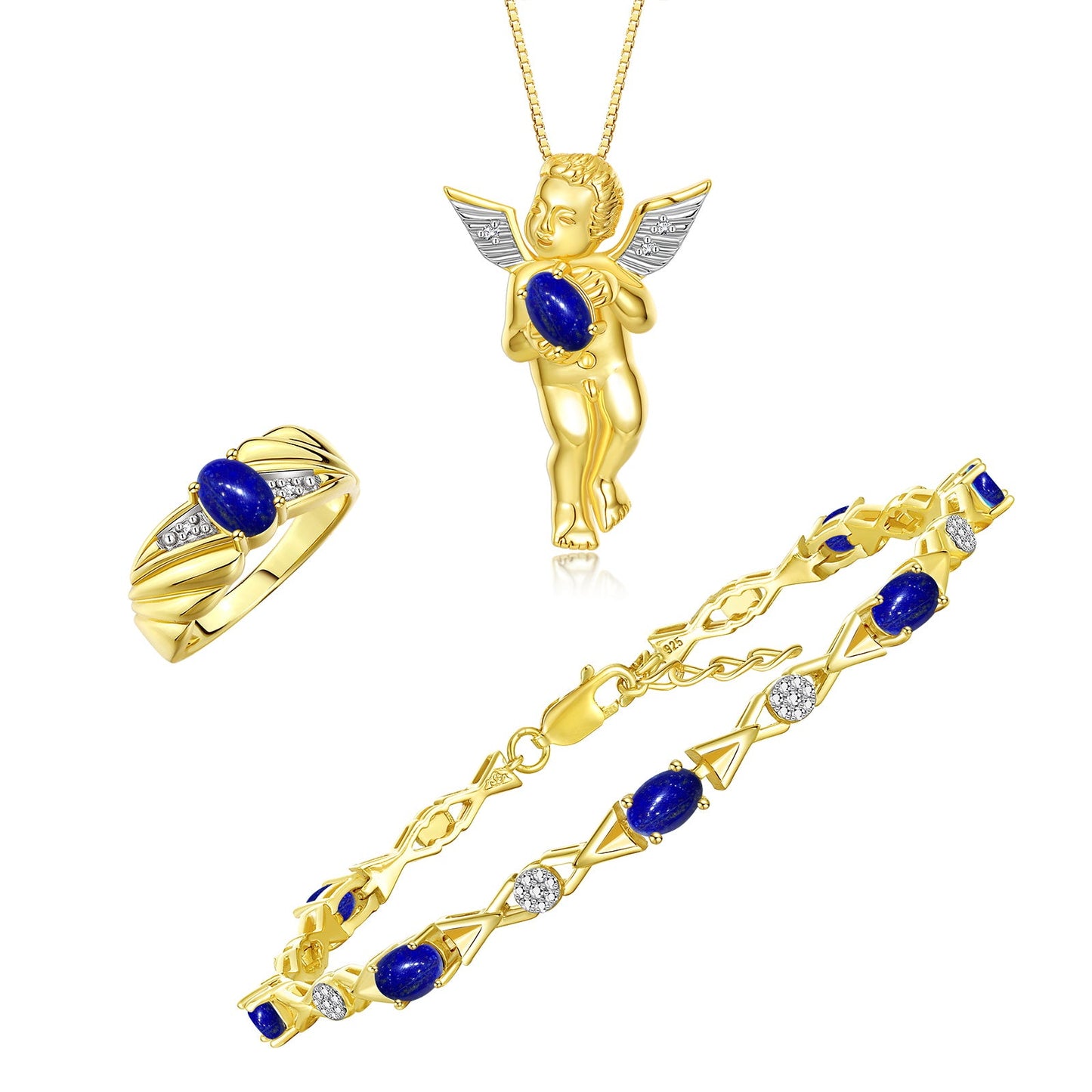 RYLOS Matching Jewelry Yellow Gold Plated Silver Guardian Angel Set: Necklace, Tennis Bracelet, & Ring. Gemstone & Diamonds, 7"-8" Wrist & 18" Chain, 7X5MM & 6X4MM Birthstone