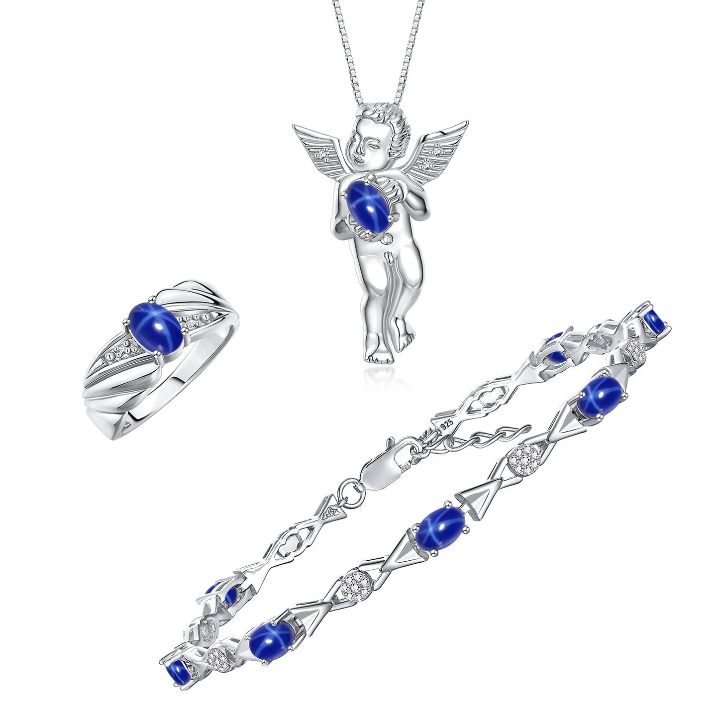 RYLOS Matching Jewelry Sterling Silver Guardian Angel Set: Necklace, Tennis Bracelet, & Ring. Gemstone & Diamonds, 7"-8" Wrist & 18" Chain, 7X5MM & 6X4MM Birthstone