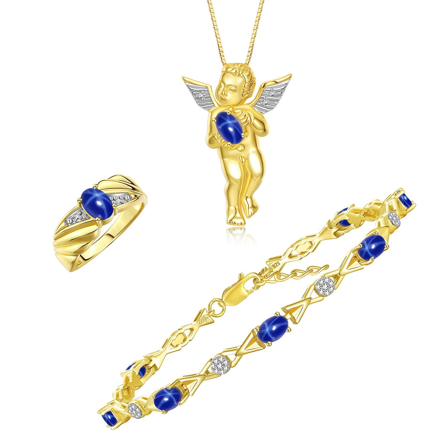 RYLOS Matching Jewelry Yellow Gold Plated Silver Guardian Angel Set: Necklace, Tennis Bracelet, & Ring. Gemstone & Diamonds, 7"-8" Wrist & 18" Chain, 7X5MM & 6X4MM Birthstone