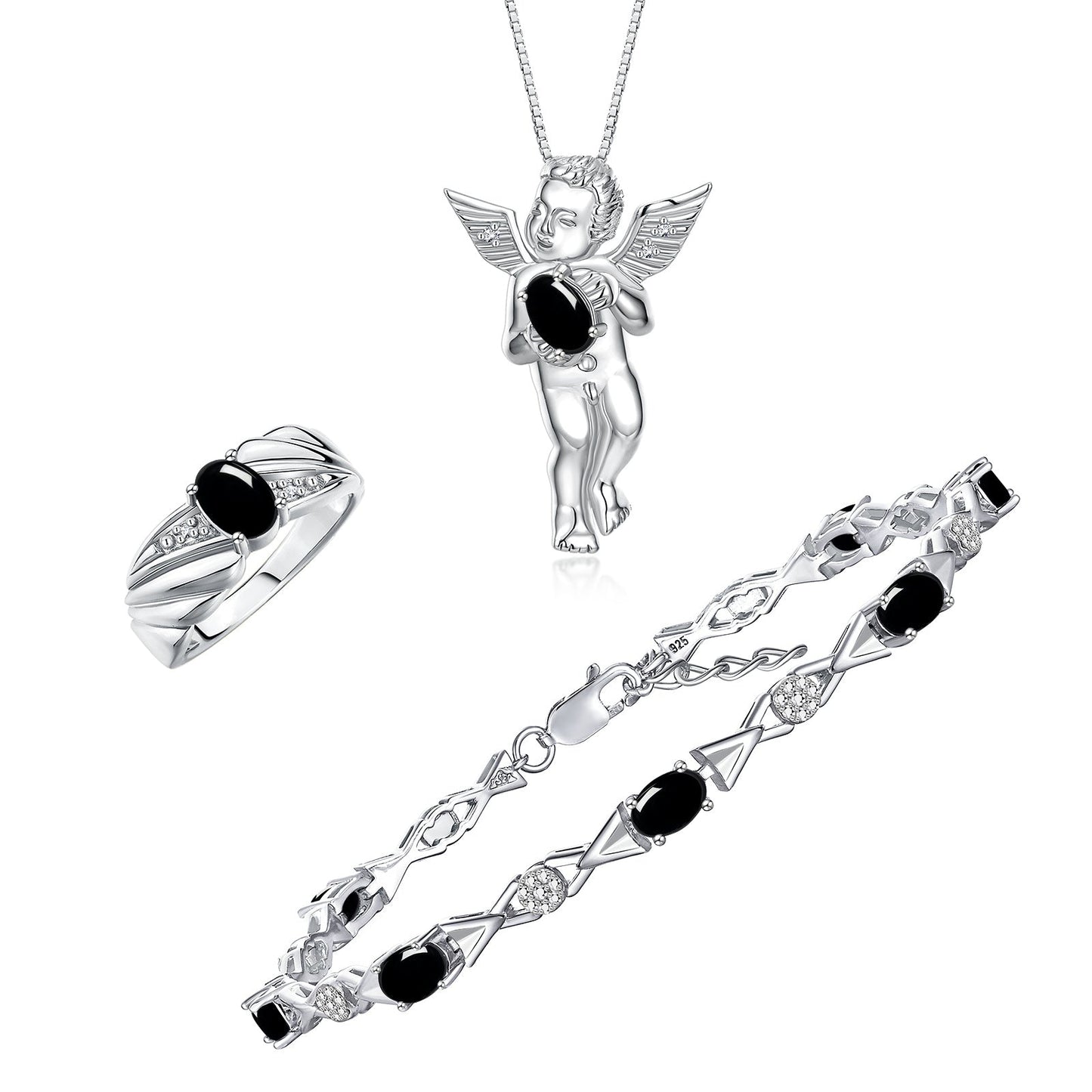 RYLOS Matching Jewelry Sterling Silver Guardian Angel Set: Necklace, Tennis Bracelet, & Ring. Gemstone & Diamonds, 7"-8" Wrist & 18" Chain, 7X5MM & 6X4MM Birthstone