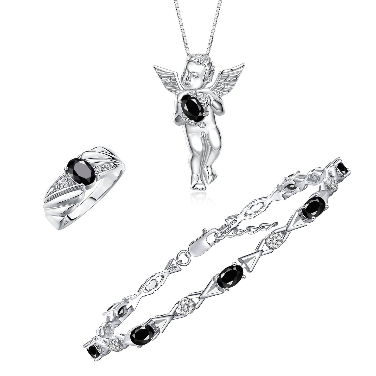 RYLOS Matching Jewelry Sterling Silver Guardian Angel Set: Necklace, Tennis Bracelet, & Ring. Gemstone & Diamonds, 7"-8" Wrist & 18" Chain, 7X5MM & 6X4MM Birthstone
