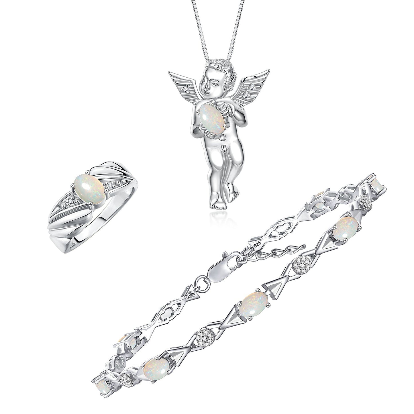 RYLOS Matching Jewelry Sterling Silver Guardian Angel Set: Necklace, Tennis Bracelet, & Ring. Gemstone & Diamonds, 7"-8" Wrist & 18" Chain, 7X5MM & 6X4MM Birthstone