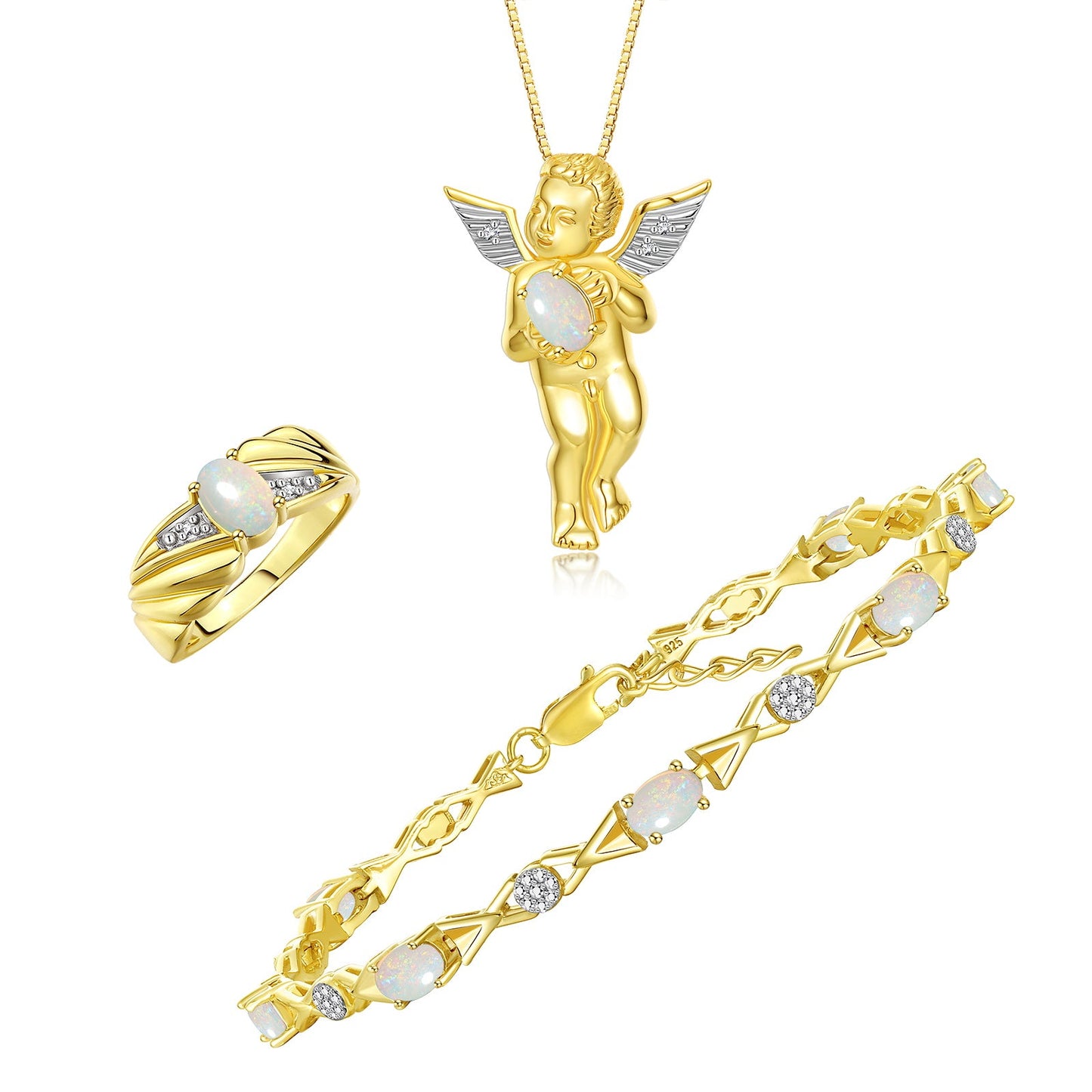 RYLOS Matching Jewelry Yellow Gold Plated Silver Guardian Angel Set: Necklace, Tennis Bracelet, & Ring. Gemstone & Diamonds, 7"-8" Wrist & 18" Chain, 7X5MM & 6X4MM Birthstone
