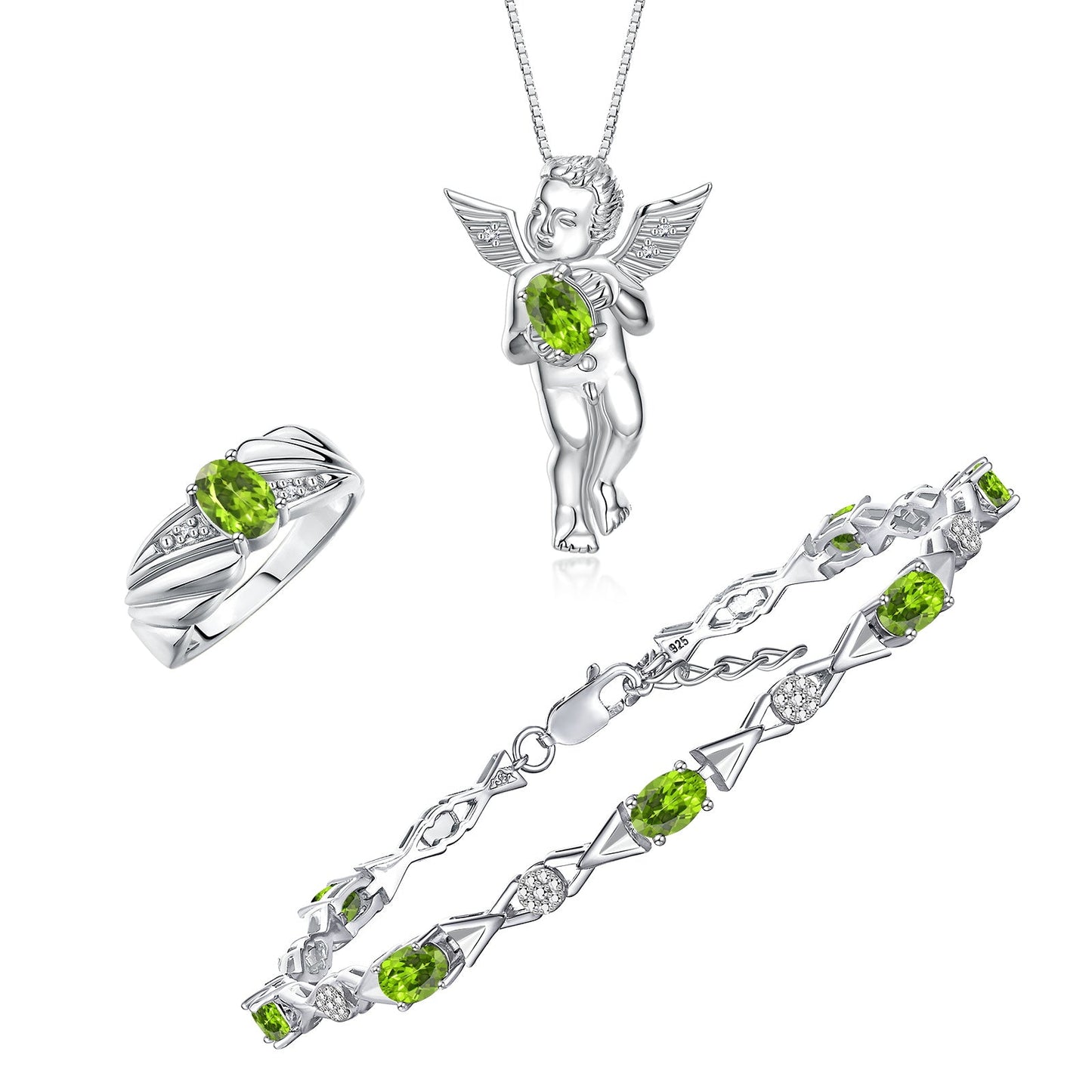 RYLOS Matching Jewelry Sterling Silver Guardian Angel Set: Necklace, Tennis Bracelet, & Ring. Gemstone & Diamonds, 7"-8" Wrist & 18" Chain, 7X5MM & 6X4MM Birthstone