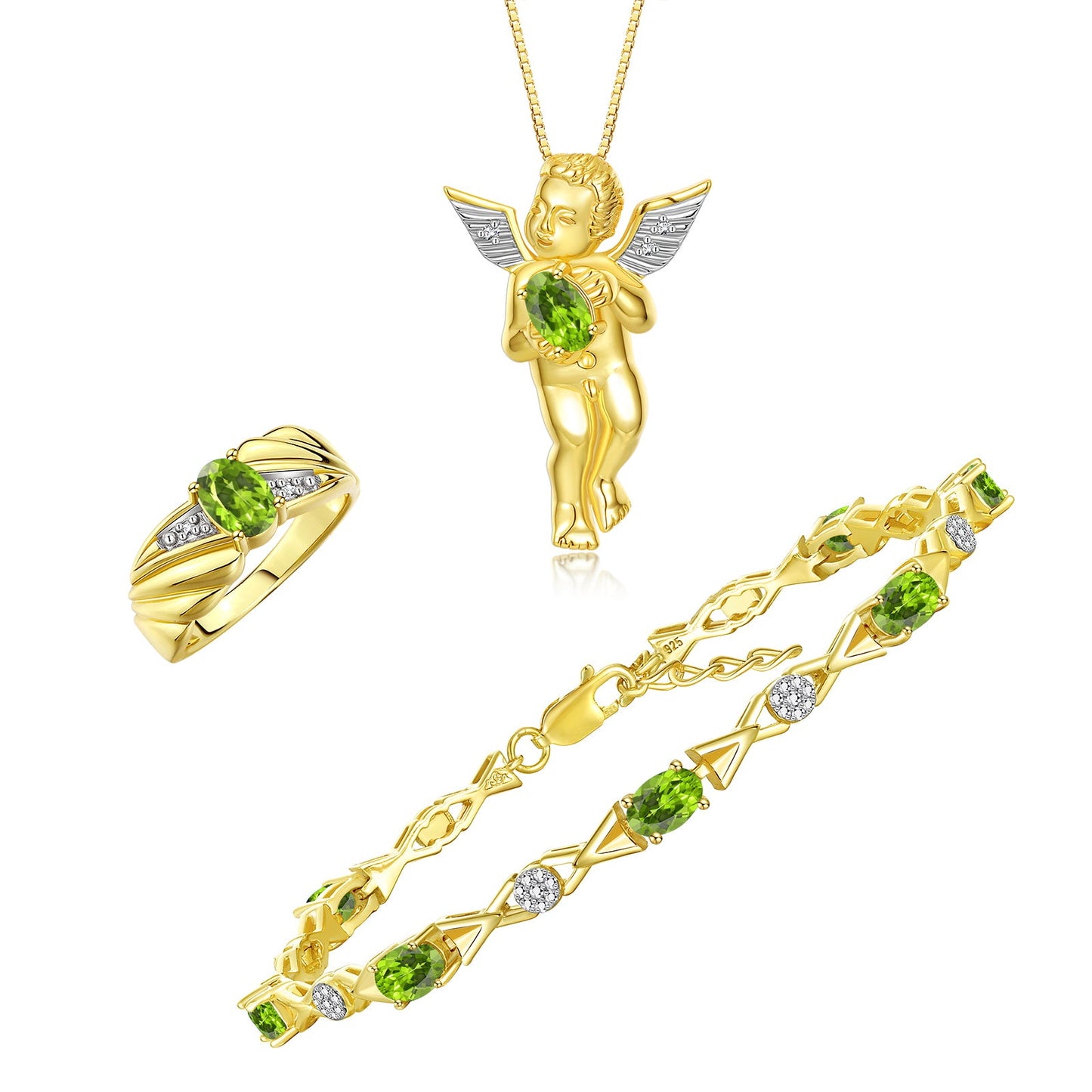 RYLOS Matching Jewelry Yellow Gold Plated Silver Guardian Angel Set: Necklace, Tennis Bracelet, & Ring. Gemstone & Diamonds, 7"-8" Wrist & 18" Chain, 7X5MM & 6X4MM Birthstone