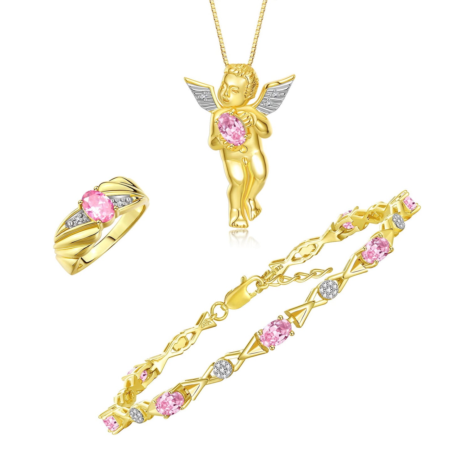 RYLOS Matching Jewelry Yellow Gold Plated Silver Guardian Angel Set: Necklace, Tennis Bracelet, & Ring. Gemstone & Diamonds, 7"-8" Wrist & 18" Chain, 7X5MM & 6X4MM Birthstone