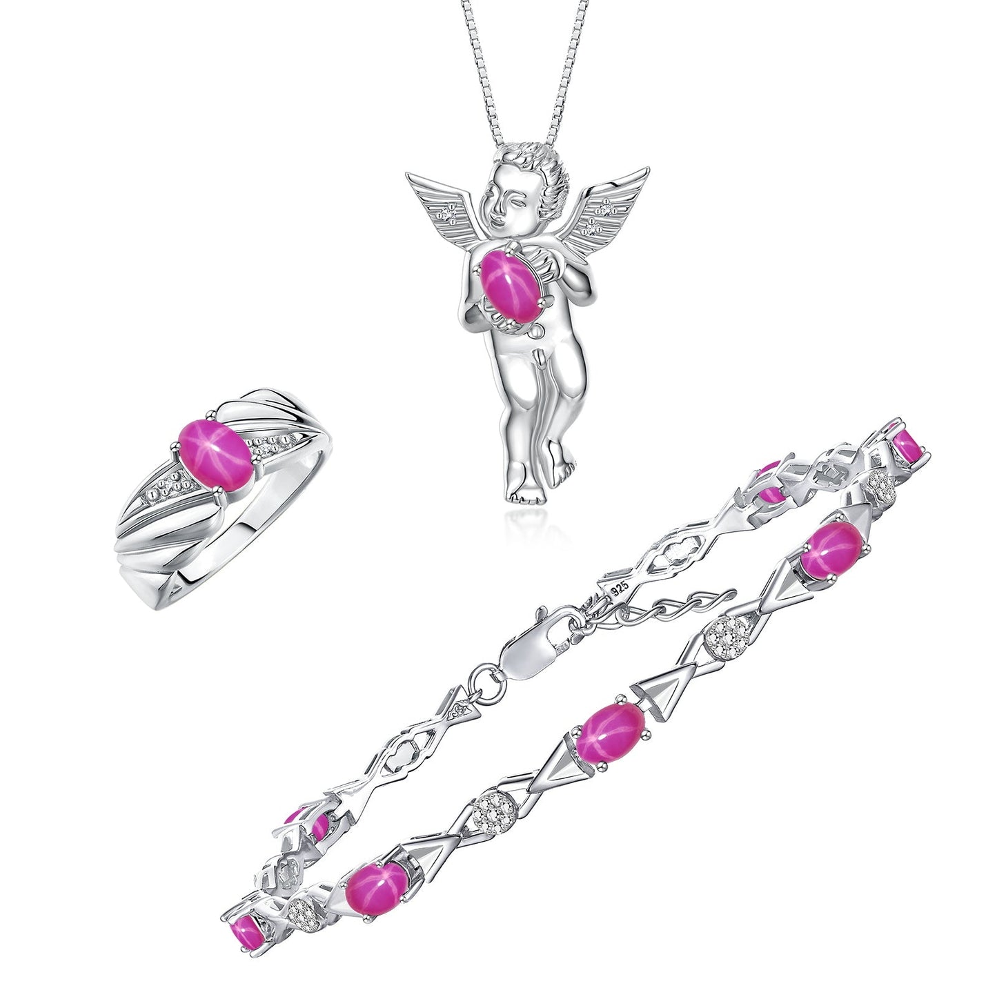 RYLOS Matching Jewelry Sterling Silver Guardian Angel Set: Necklace, Tennis Bracelet, & Ring. Gemstone & Diamonds, 7"-8" Wrist & 18" Chain, 7X5MM & 6X4MM Birthstone