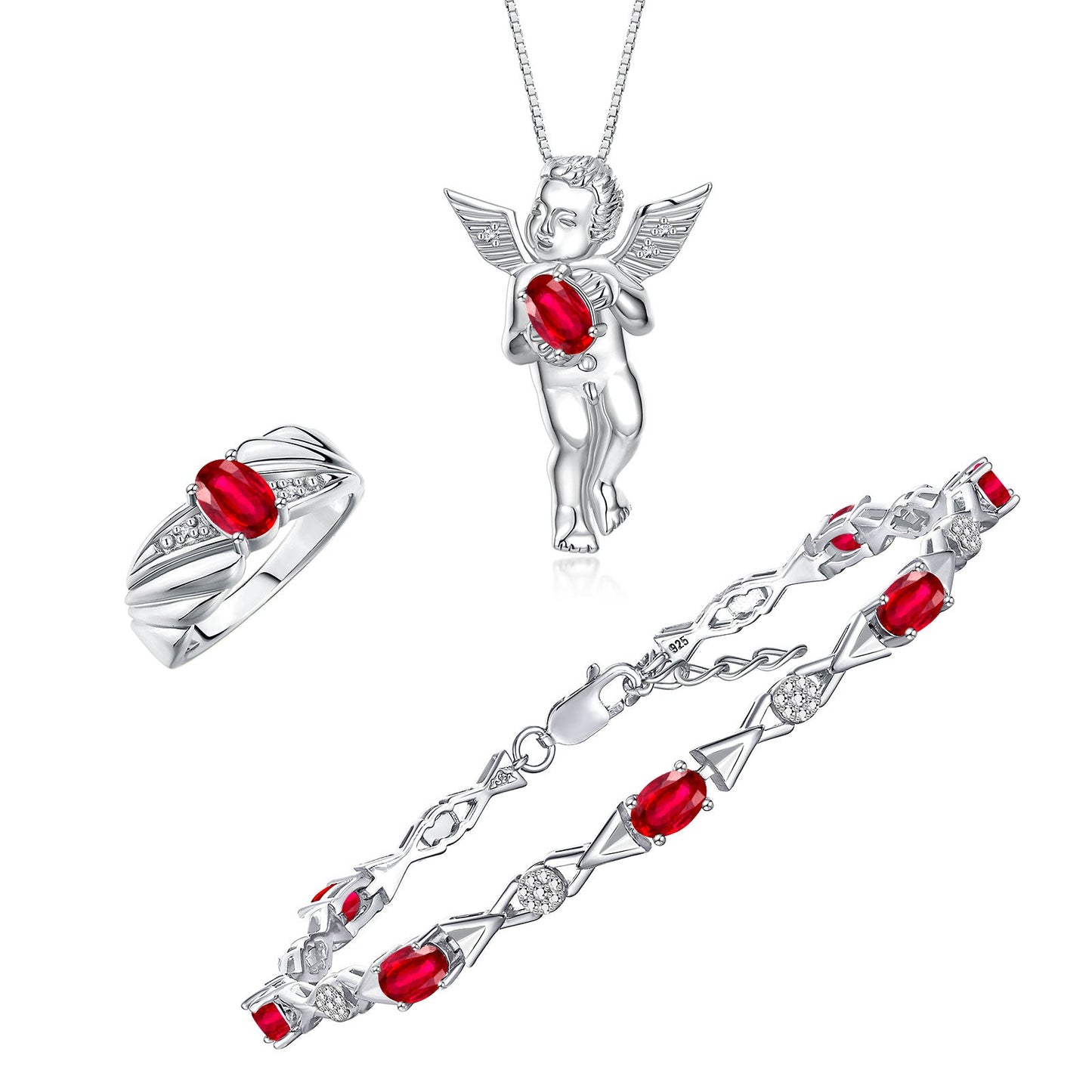 RYLOS Matching Jewelry Sterling Silver Guardian Angel Set: Necklace, Tennis Bracelet, & Ring. Gemstone & Diamonds, 7"-8" Wrist & 18" Chain, 7X5MM & 6X4MM Birthstone