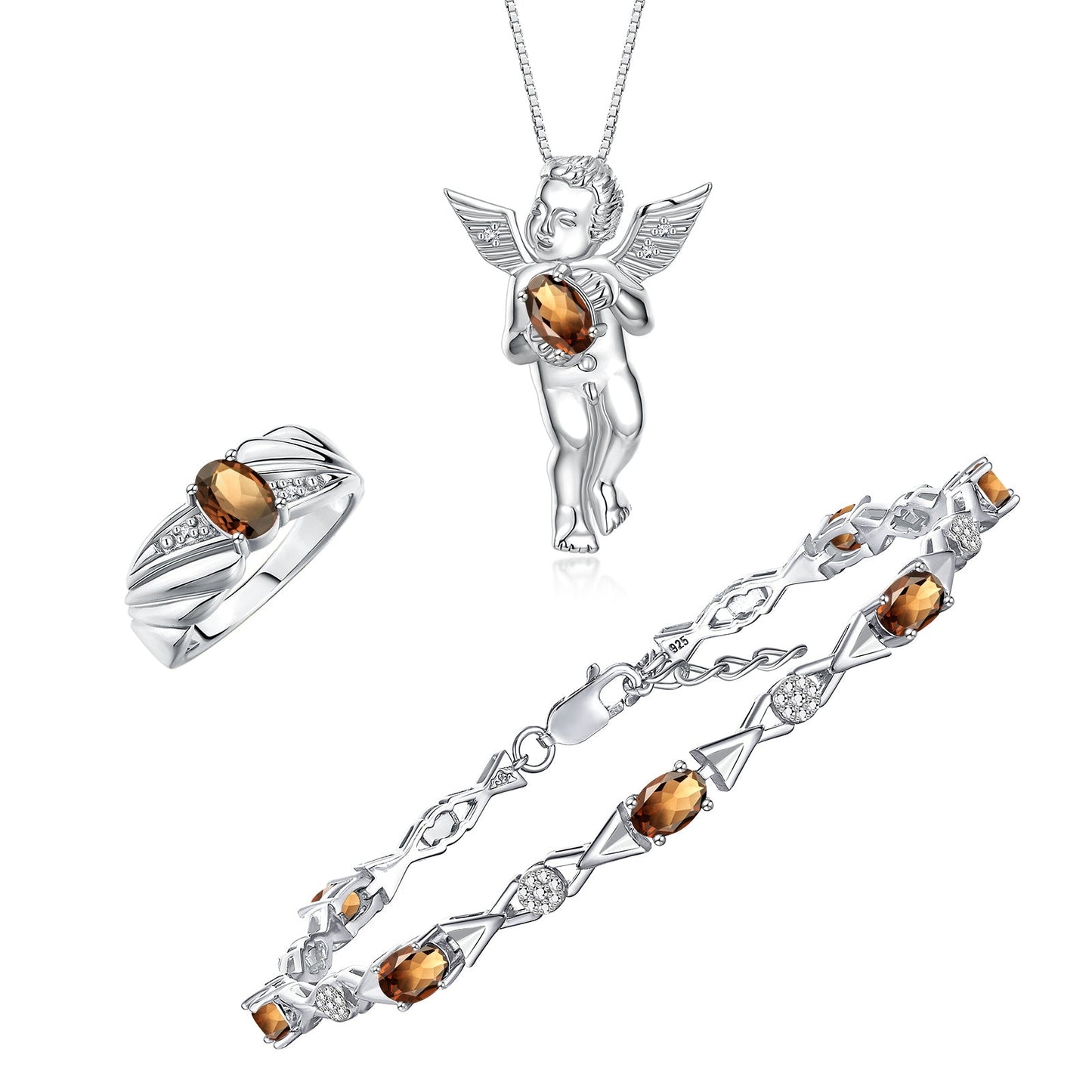 RYLOS Matching Jewelry Sterling Silver Guardian Angel Set: Necklace, Tennis Bracelet, & Ring. Gemstone & Diamonds, 7"-8" Wrist & 18" Chain, 7X5MM & 6X4MM Birthstone