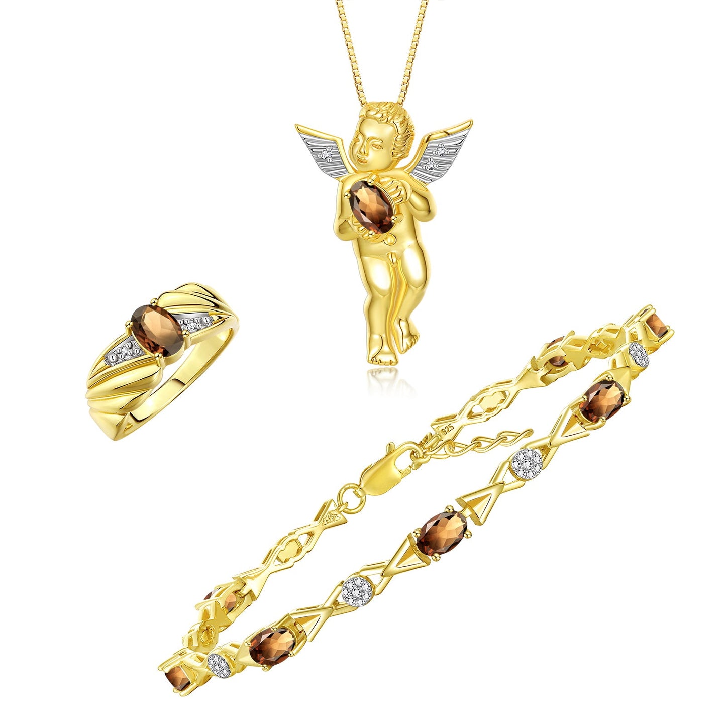 RYLOS Matching Jewelry Yellow Gold Plated Silver Guardian Angel Set: Necklace, Tennis Bracelet, & Ring. Gemstone & Diamonds, 7"-8" Wrist & 18" Chain, 7X5MM & 6X4MM Birthstone