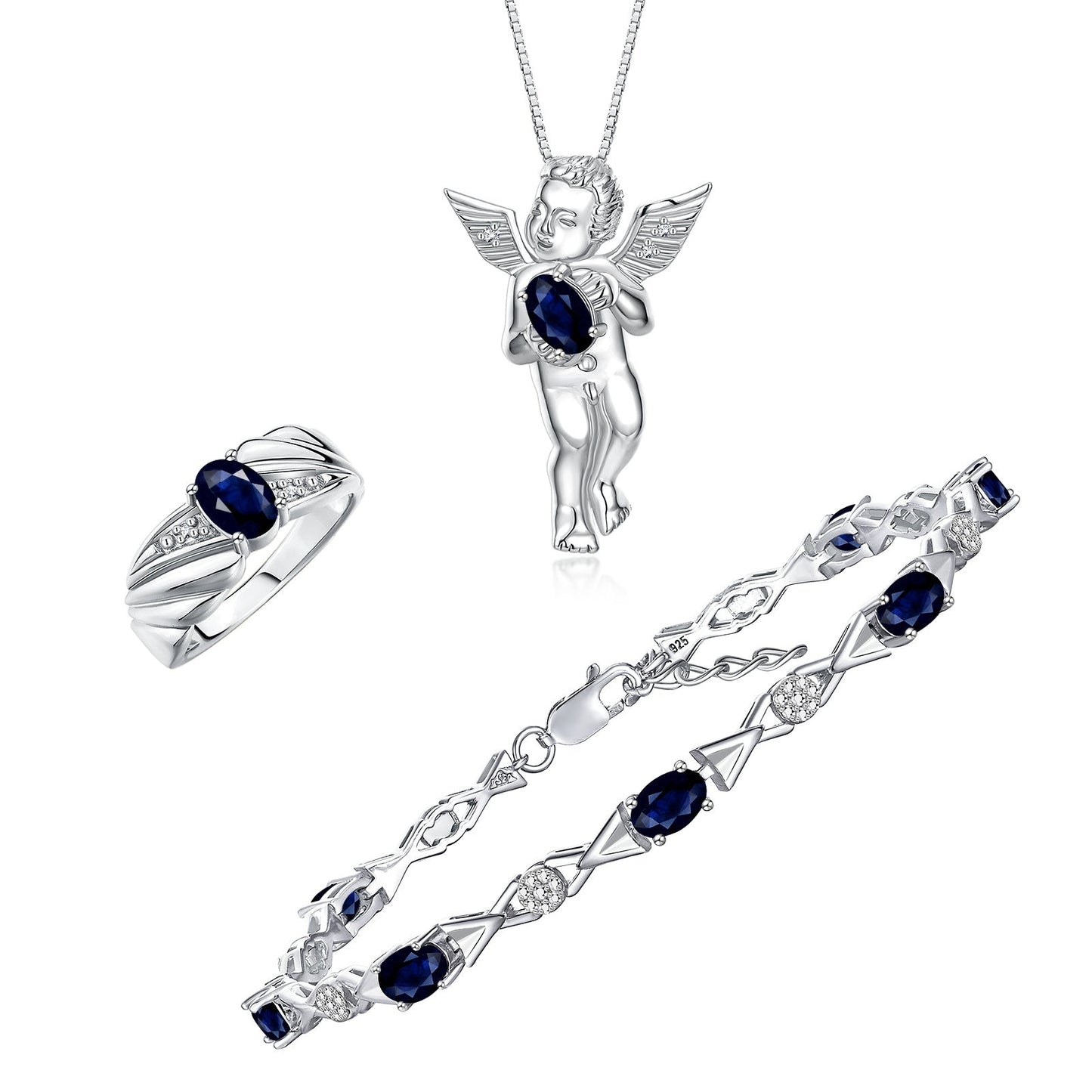 RYLOS Matching Jewelry Sterling Silver Guardian Angel Set: Necklace, Tennis Bracelet, & Ring. Gemstone & Diamonds, 7"-8" Wrist & 18" Chain, 7X5MM & 6X4MM Birthstone