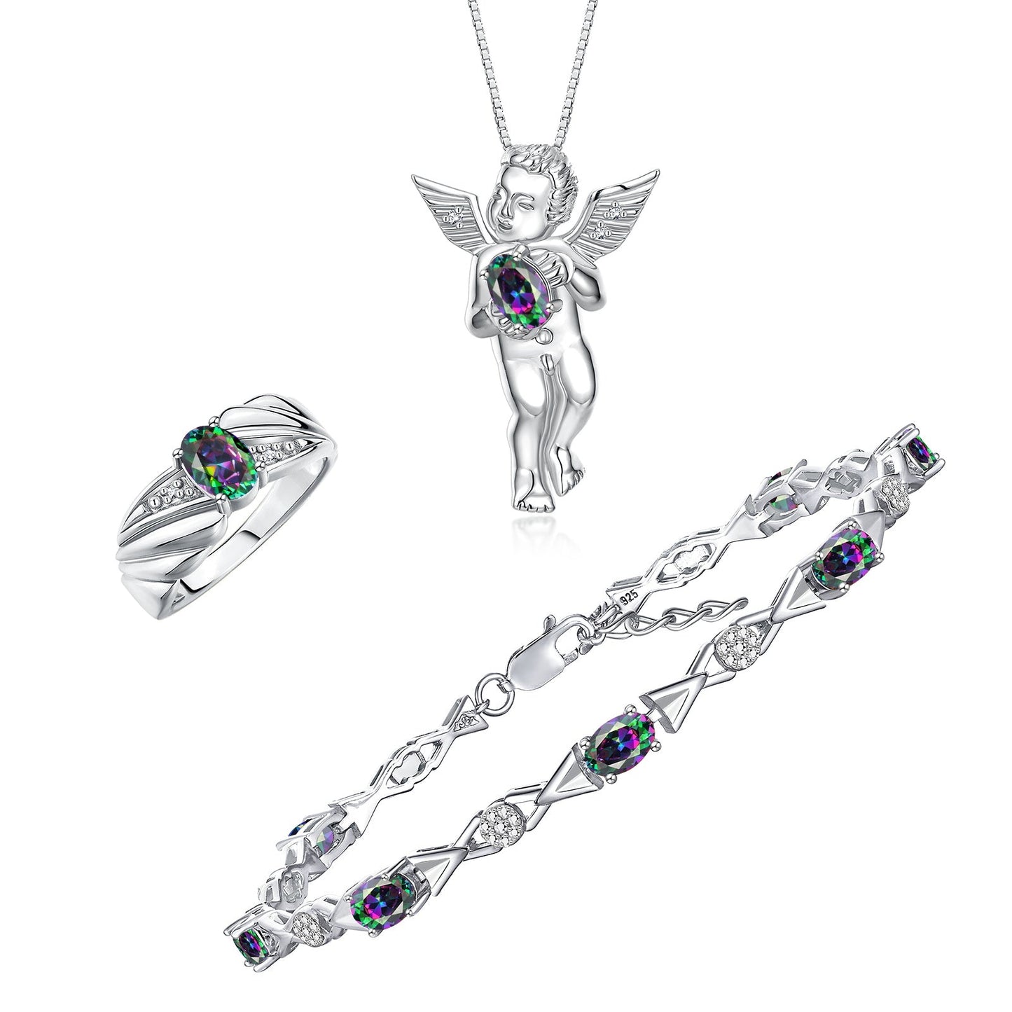 RYLOS Matching Jewelry Sterling Silver Guardian Angel Set: Necklace, Tennis Bracelet, & Ring. Gemstone & Diamonds, 7"-8" Wrist & 18" Chain, 7X5MM & 6X4MM Birthstone