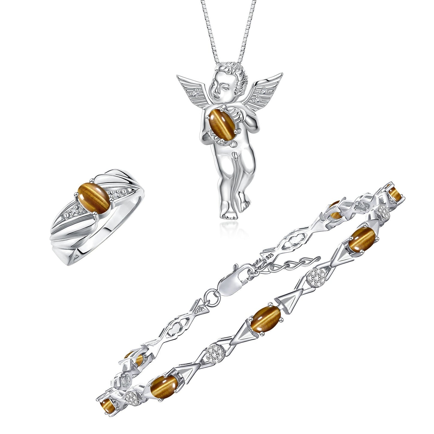 RYLOS Matching Jewelry Sterling Silver Guardian Angel Set: Necklace, Tennis Bracelet, & Ring. Gemstone & Diamonds, 7"-8" Wrist & 18" Chain, 7X5MM & 6X4MM Birthstone