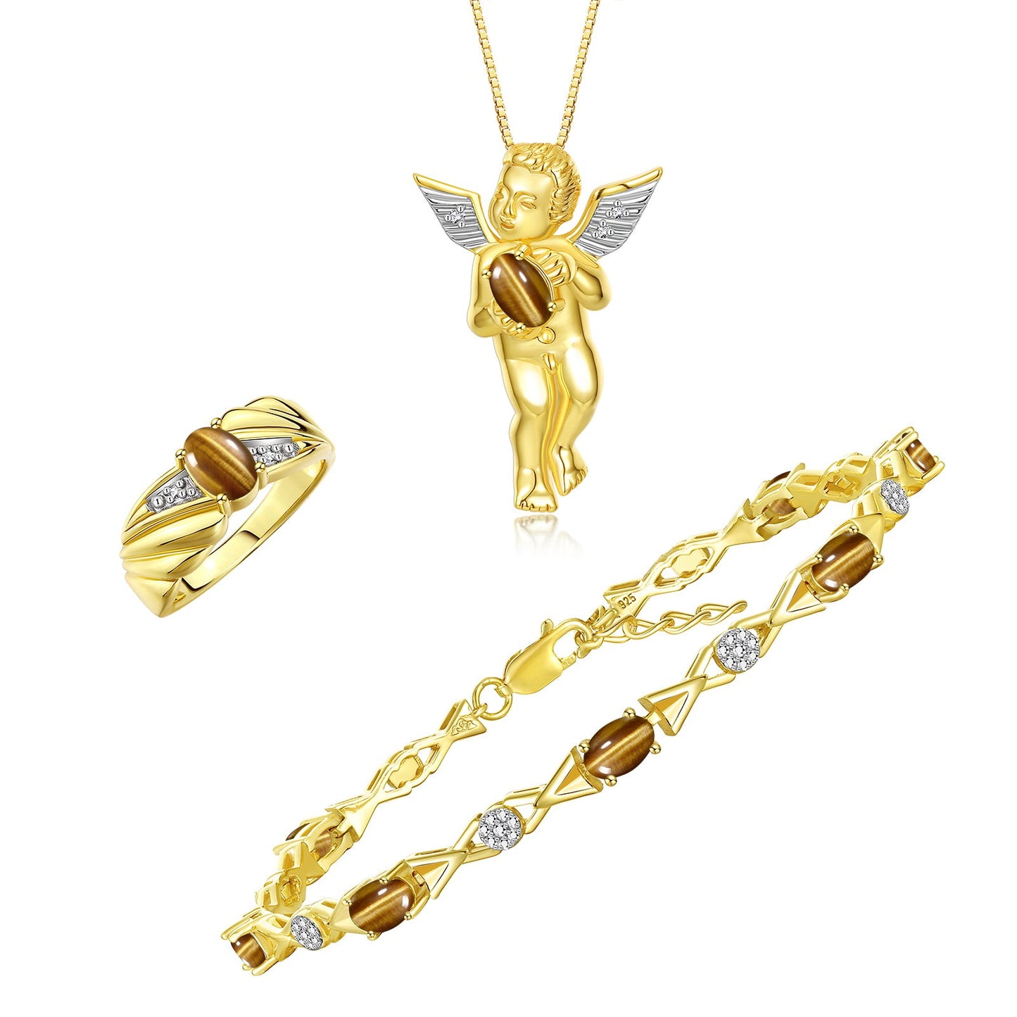RYLOS Matching Jewelry Yellow Gold Plated Silver Guardian Angel Set: Necklace, Tennis Bracelet, & Ring. Gemstone & Diamonds, 7"-8" Wrist & 18" Chain, 7X5MM & 6X4MM Birthstone