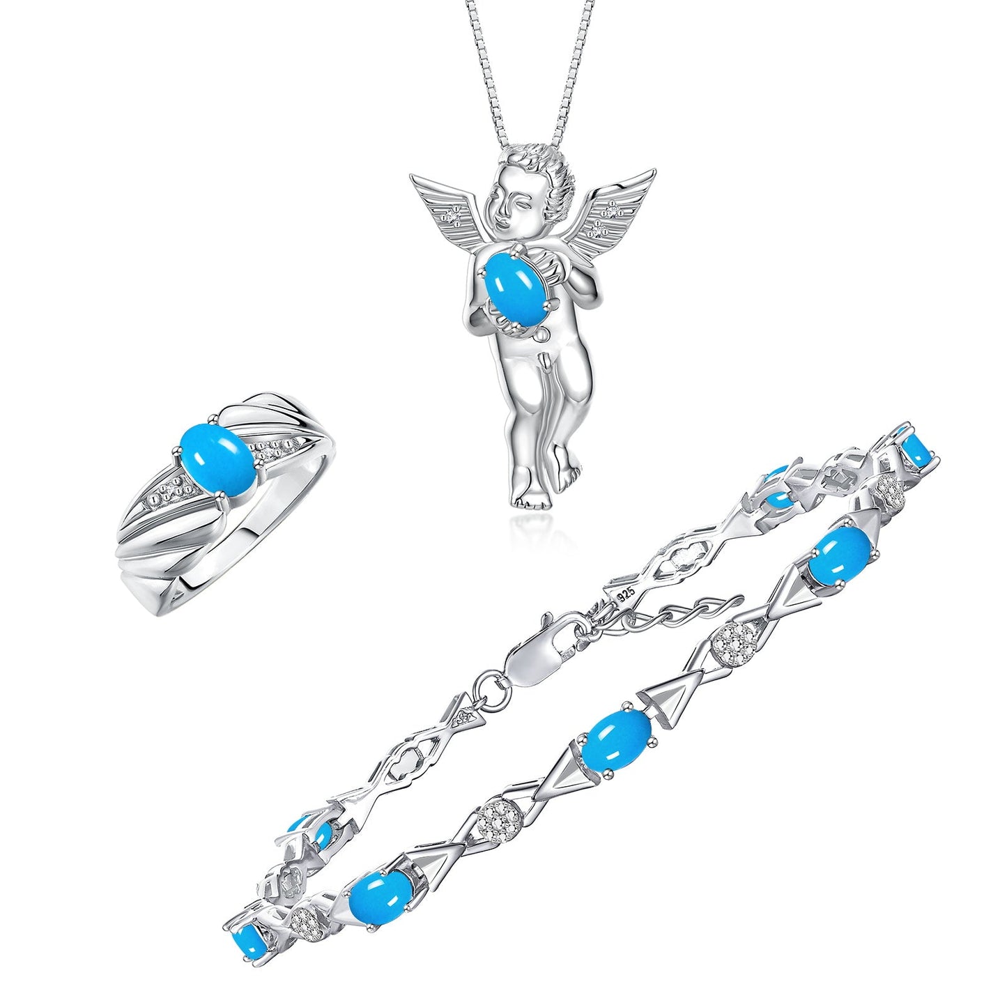 RYLOS Matching Jewelry Sterling Silver Guardian Angel Set: Necklace, Tennis Bracelet, & Ring. Gemstone & Diamonds, 7"-8" Wrist & 18" Chain, 7X5MM & 6X4MM Birthstone