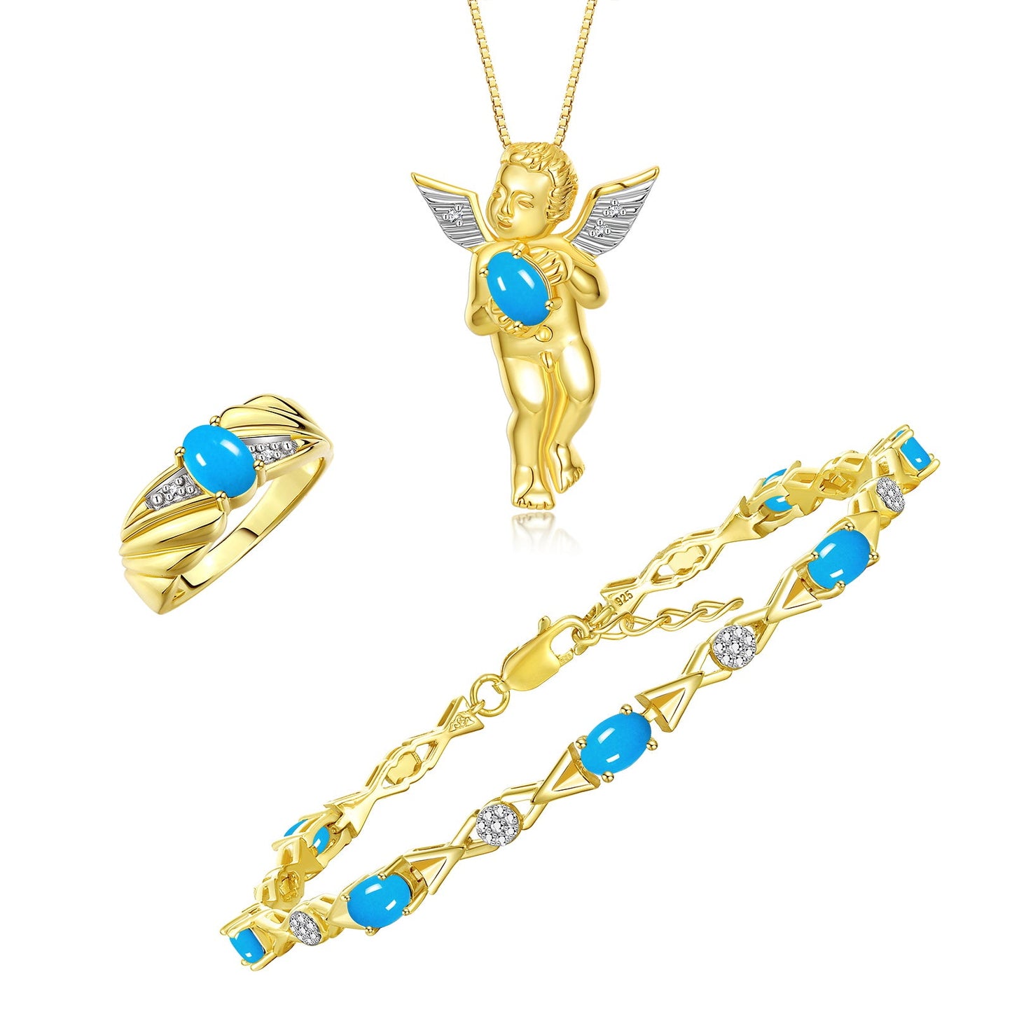 RYLOS Matching Jewelry Yellow Gold Plated Silver Guardian Angel Set: Necklace, Tennis Bracelet, & Ring. Gemstone & Diamonds, 7"-8" Wrist & 18" Chain, 7X5MM & 6X4MM Birthstone