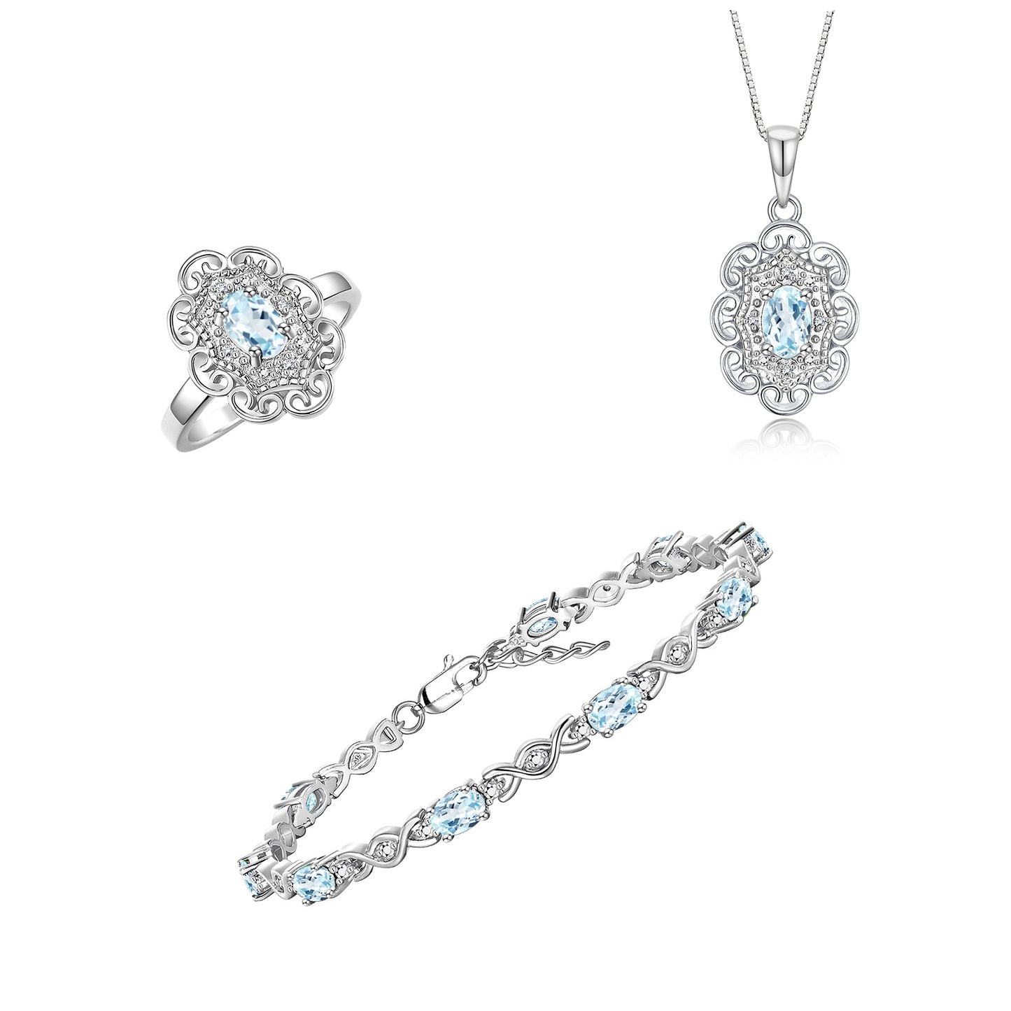 RYLOS Matching Jewelry Hugs & Kisses Infinity Set: Sterling Silver Tennis Bracelet, Ring & Necklace. Gemstone & Diamonds, 7-8" Wrist & 18" Chain. 6X4MM Birthstone