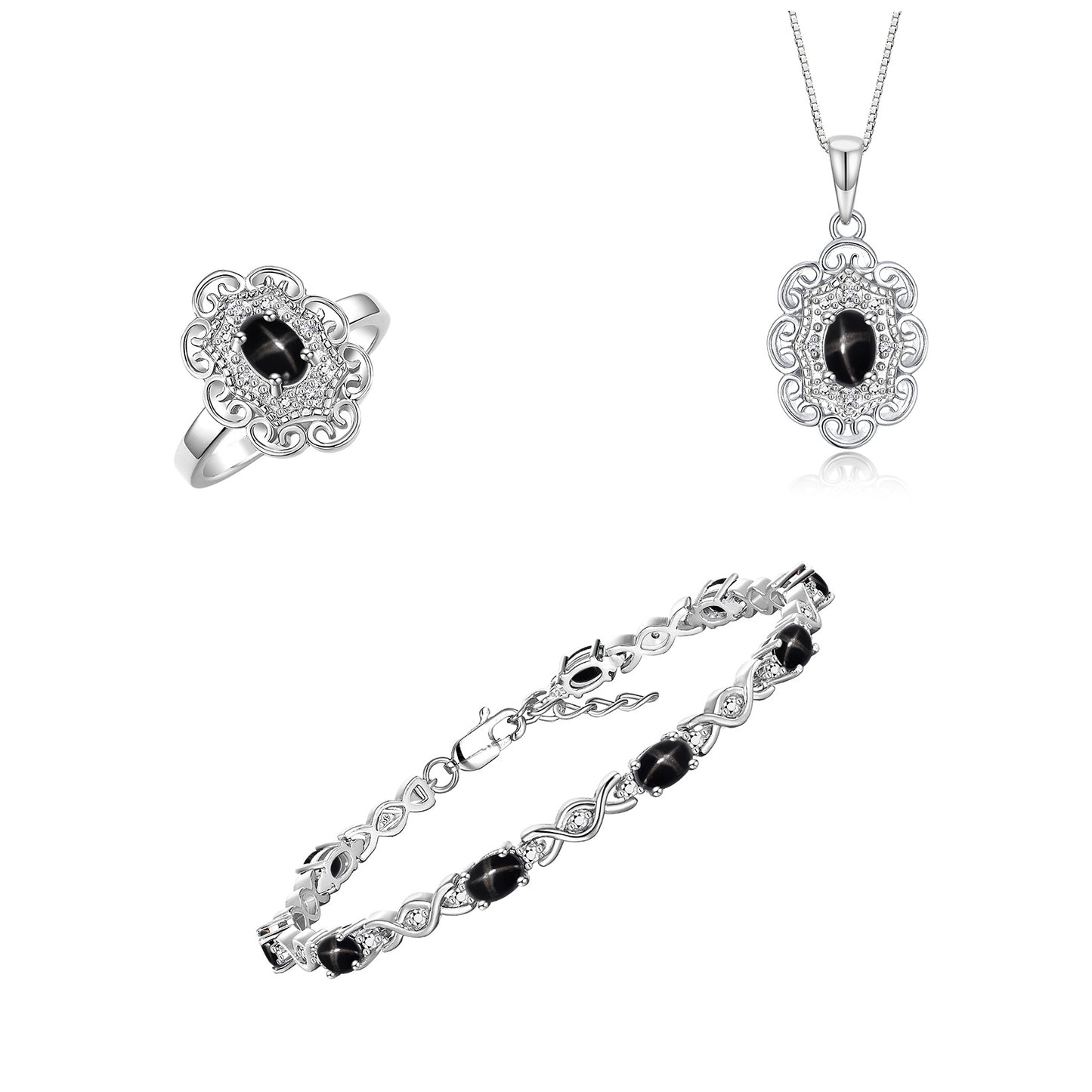 RYLOS Matching Jewelry Hugs & Kisses Infinity Set: Sterling Silver Tennis Bracelet, Ring & Necklace. Gemstone & Diamonds, 7-8" Wrist & 18" Chain. 6X4MM Birthstone