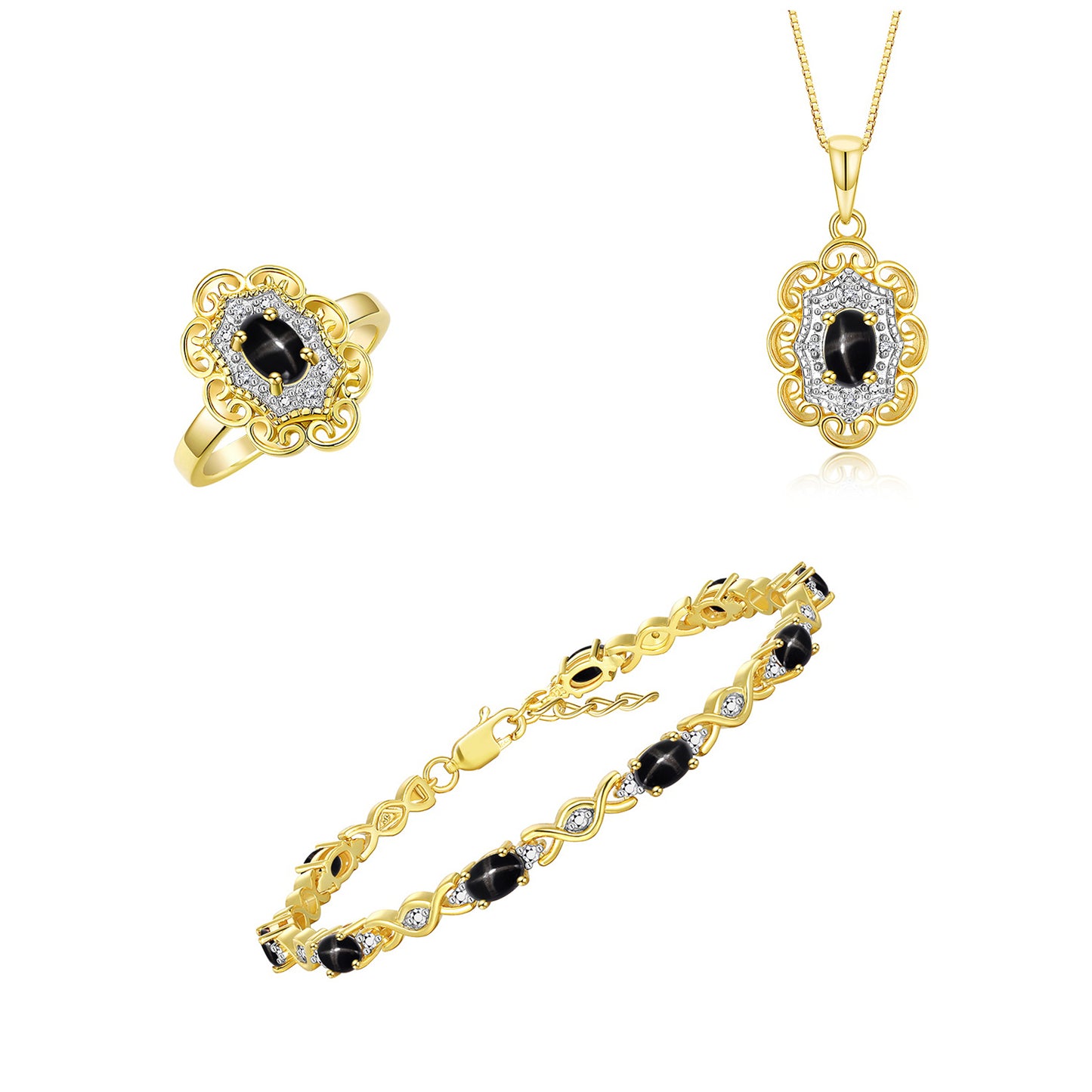 RYLOS Matching Jewelry Hugs & Kisses Infinity Set: Yellow Gold Plated Silver Tennis Bracelet, Ring & Necklace. Gemstone & Diamonds, 7-8" Wrist & 18" Chain. 6X4MM Birthstone