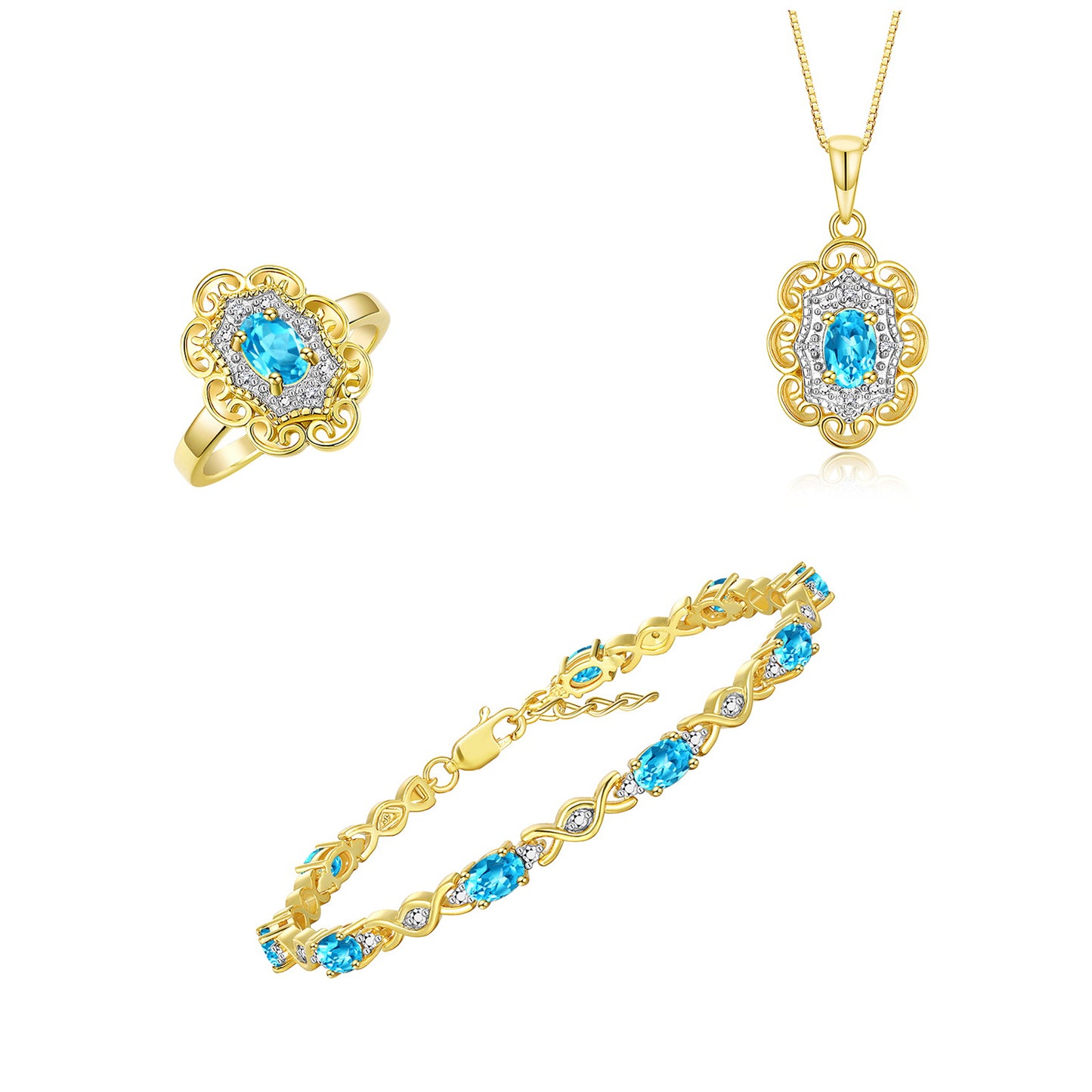 RYLOS Matching Jewelry Hugs & Kisses Infinity Set: Yellow Gold Plated Silver Tennis Bracelet, Ring & Necklace. Gemstone & Diamonds, 7-8" Wrist & 18" Chain. 6X4MM Birthstone