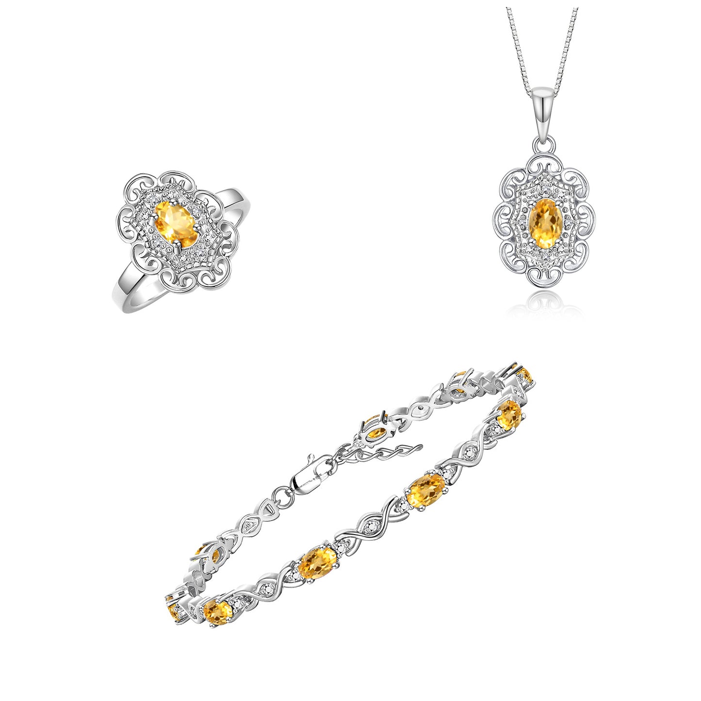 RYLOS Matching Jewelry Hugs & Kisses Infinity Set: Sterling Silver Tennis Bracelet, Ring & Necklace. Gemstone & Diamonds, 7-8" Wrist & 18" Chain. 6X4MM Birthstone