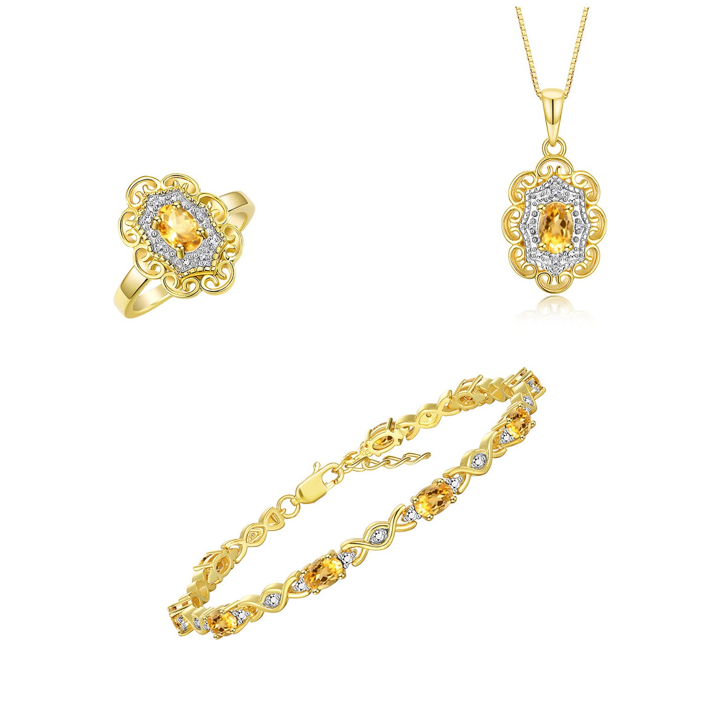 RYLOS Matching Jewelry Hugs & Kisses Infinity Set: Yellow Gold Plated Silver Tennis Bracelet, Ring & Necklace. Gemstone & Diamonds, 7-8" Wrist & 18" Chain. 6X4MM Birthstone