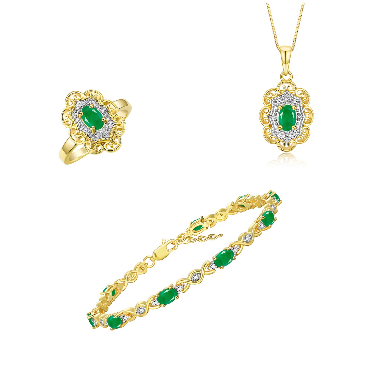 RYLOS Matching Jewelry Hugs & Kisses Infinity Set: Yellow Gold Plated Silver Tennis Bracelet, Ring & Necklace. Gemstone & Diamonds, 7-8" Wrist & 18" Chain. 6X4MM Birthstone