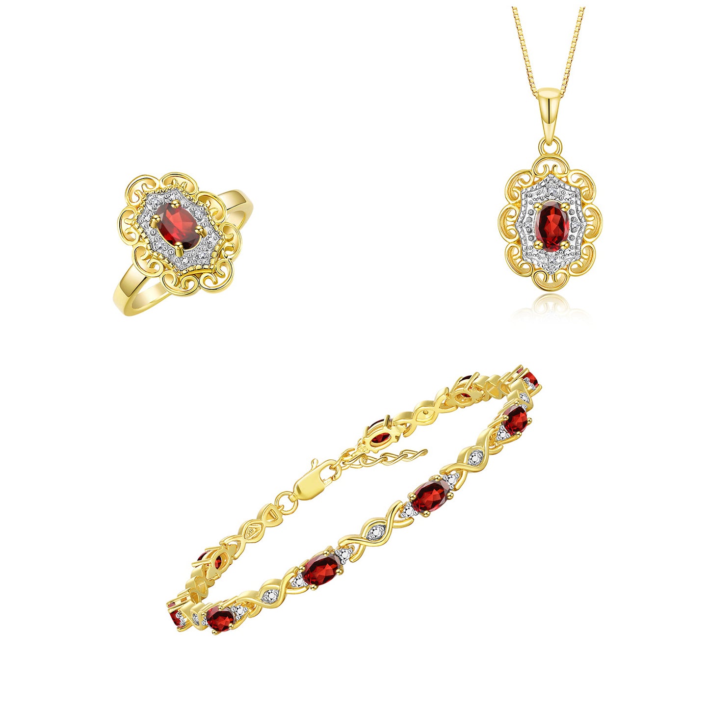 RYLOS Matching Jewelry Hugs & Kisses Infinity Set: Yellow Gold Plated Silver Tennis Bracelet, Ring & Necklace. Gemstone & Diamonds, 7-8" Wrist & 18" Chain. 6X4MM Birthstone