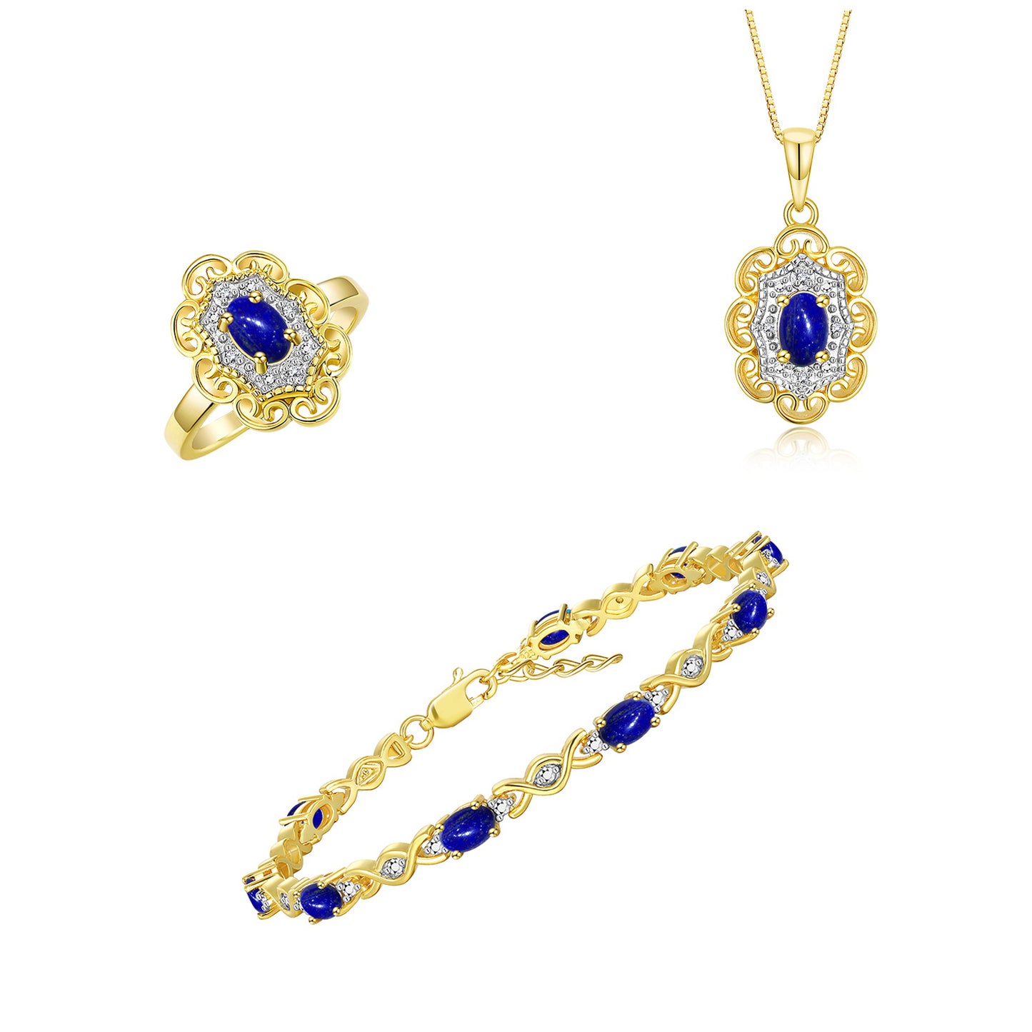 RYLOS Matching Jewelry Hugs & Kisses Infinity Set: Yellow Gold Plated Silver Tennis Bracelet, Ring & Necklace. Gemstone & Diamonds, 7-8" Wrist & 18" Chain. 6X4MM Birthstone