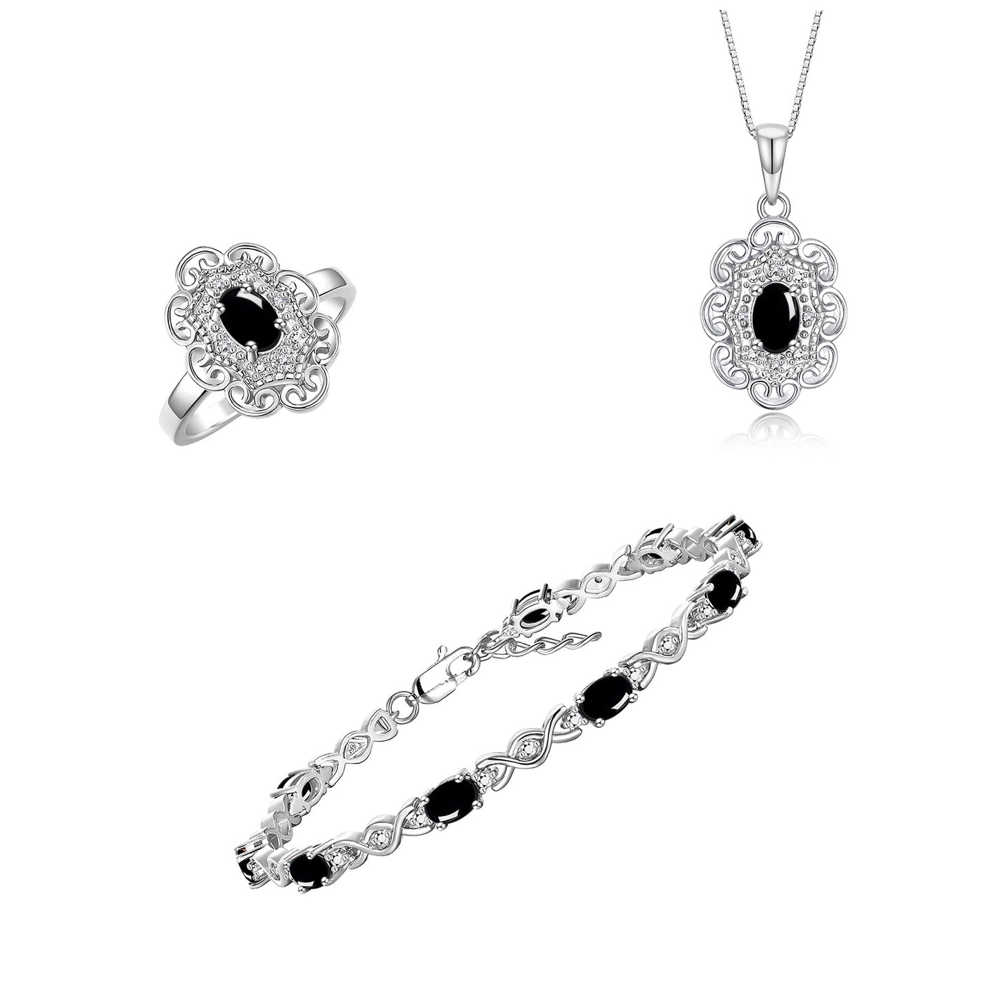 RYLOS Matching Jewelry Hugs & Kisses Infinity Set: Sterling Silver Tennis Bracelet, Ring & Necklace. Gemstone & Diamonds, 7-8" Wrist & 18" Chain. 6X4MM Birthstone