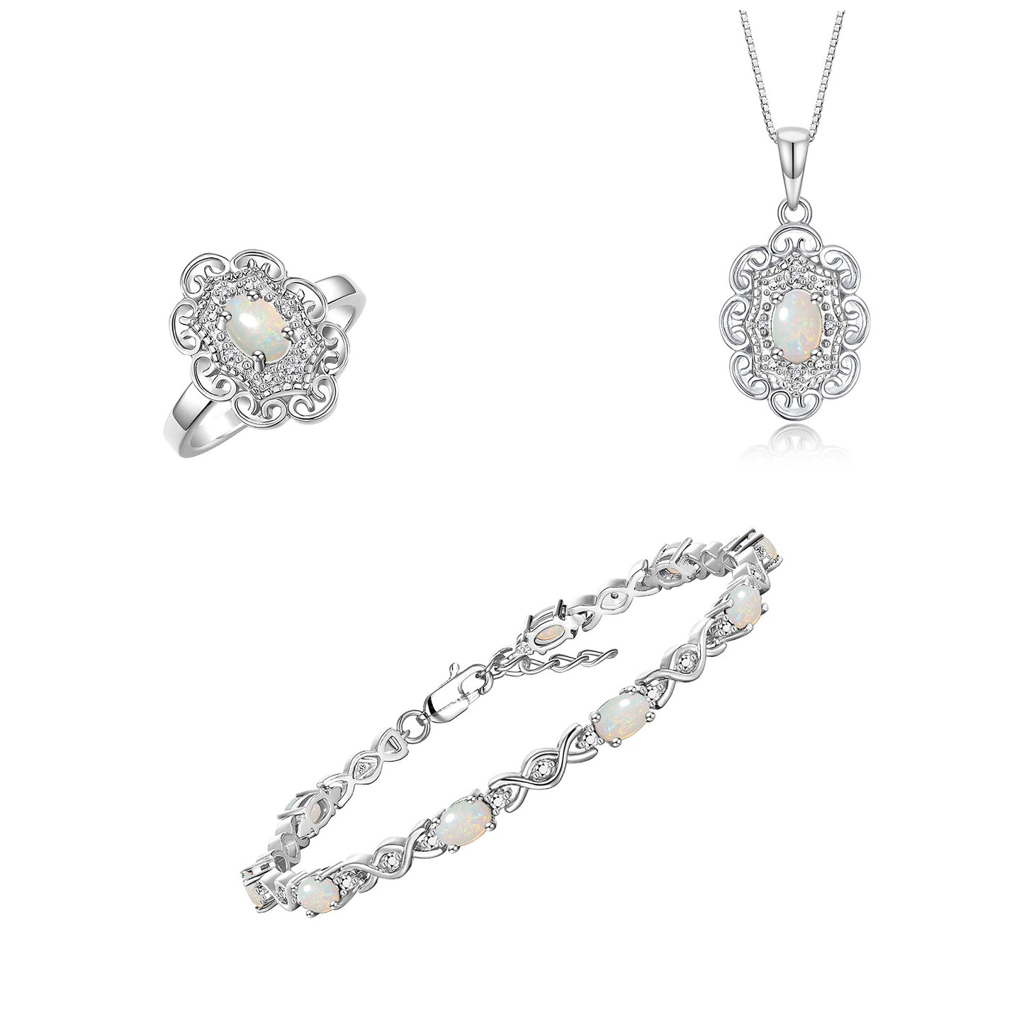 RYLOS Matching Jewelry Hugs & Kisses Infinity Set: Sterling Silver Tennis Bracelet, Ring & Necklace. Gemstone & Diamonds, 7-8" Wrist & 18" Chain. 6X4MM Birthstone