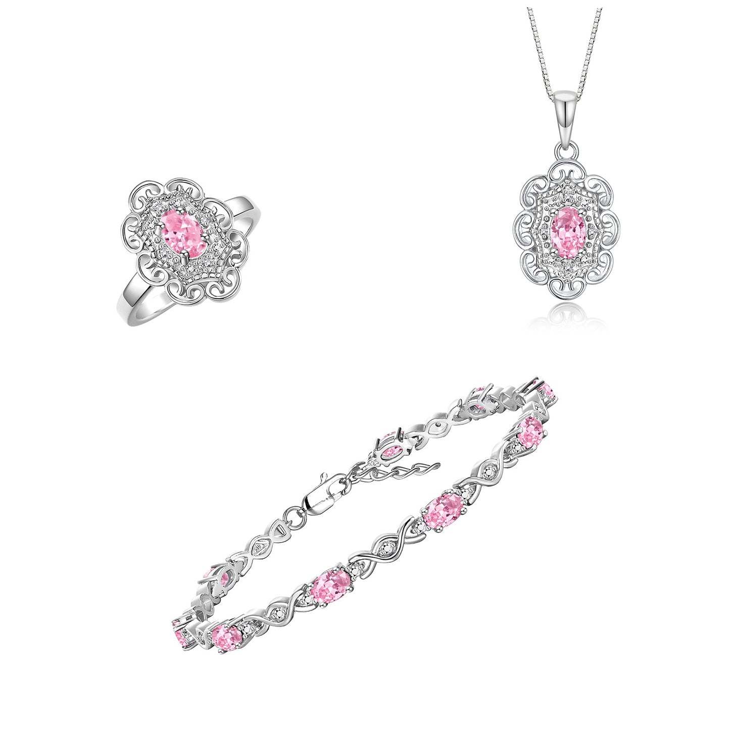RYLOS Matching Jewelry Hugs & Kisses Infinity Set: Sterling Silver Tennis Bracelet, Ring & Necklace. Gemstone & Diamonds, 7-8" Wrist & 18" Chain. 6X4MM Birthstone