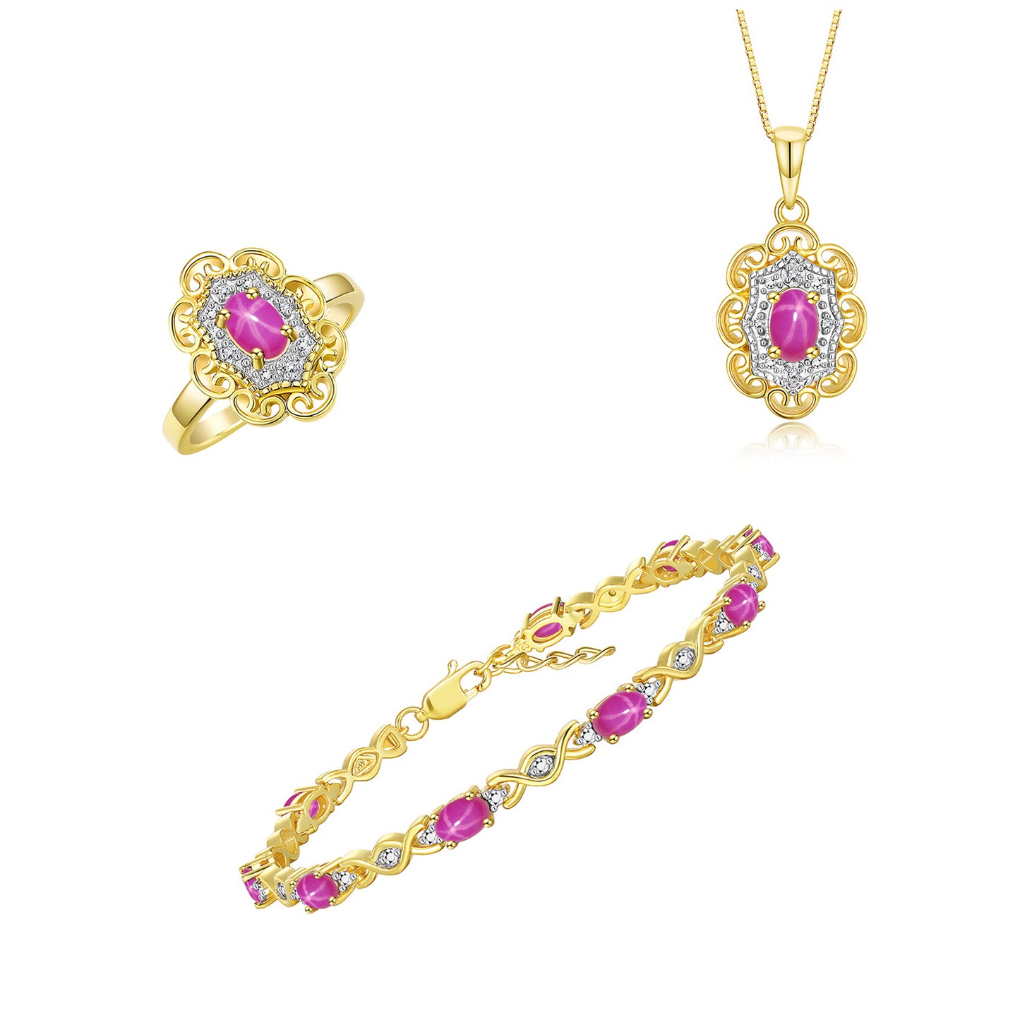 RYLOS Matching Jewelry Hugs & Kisses Infinity Set: Yellow Gold Plated Silver Tennis Bracelet, Ring & Necklace. Gemstone & Diamonds, 7-8" Wrist & 18" Chain. 6X4MM Birthstone