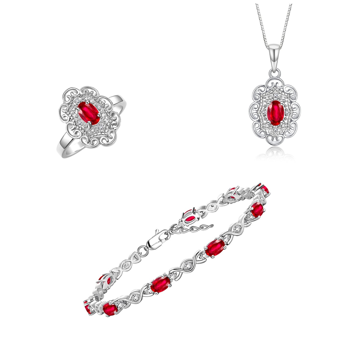 RYLOS Matching Jewelry Hugs & Kisses Infinity Set: Sterling Silver Tennis Bracelet, Ring & Necklace. Gemstone & Diamonds, 7-8" Wrist & 18" Chain. 6X4MM Birthstone