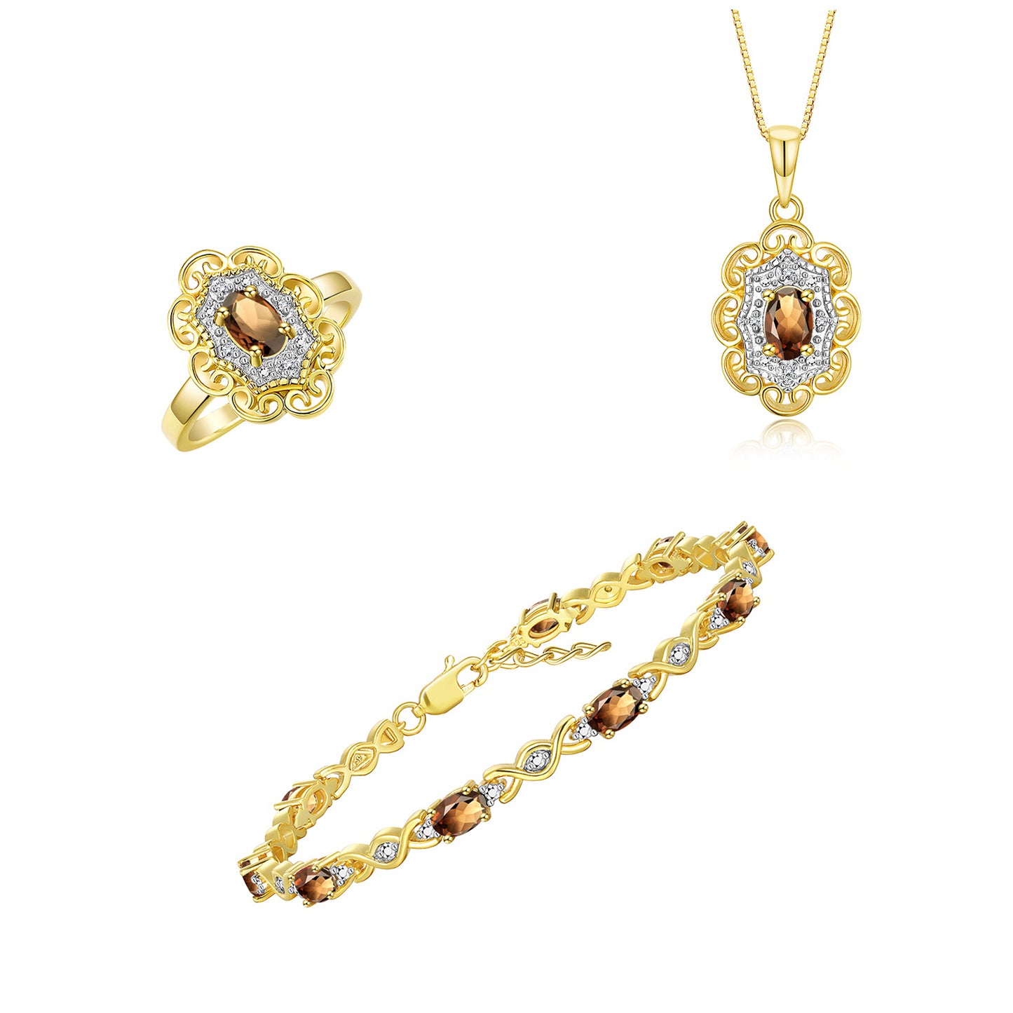 RYLOS Matching Jewelry Hugs & Kisses Infinity Set: Yellow Gold Plated Silver Tennis Bracelet, Ring & Necklace. Gemstone & Diamonds, 7-8" Wrist & 18" Chain. 6X4MM Birthstone